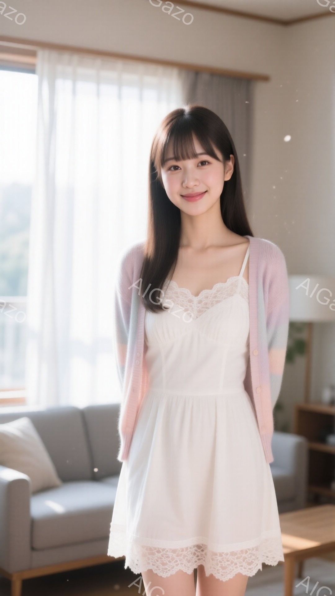 長い黒髪で、前髪は眉毛にかかるようにカットされた女性が写っています。白いレースのキャミソールドレスに、薄いピンクと白のカーディガンを羽織り、微笑んでいます。背景はリビングルームで、柔らかい光が差し込み、温かく穏やかな雰囲気が漂っています。