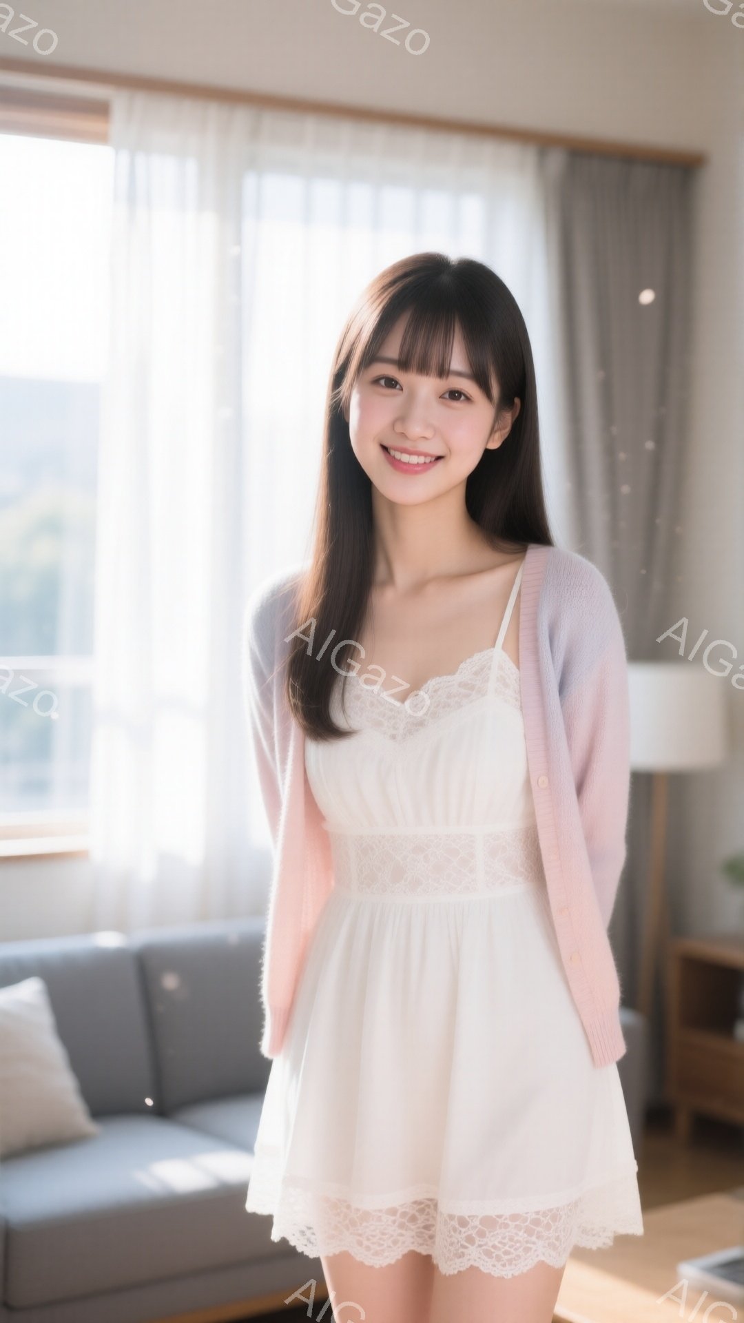 若い女性が、クリーム色のカーディガンと、繊細なレースが施された白いワンピースを着て、微笑んでいます。彼女は肩までの長さのダークブラウンの髪で、前髪を少しだけカールさせています。背景には、明るいグレーのソファと木製の家具が見え、柔らかい光が差し込む室内で、穏やかで優しい雰囲気が漂っています。