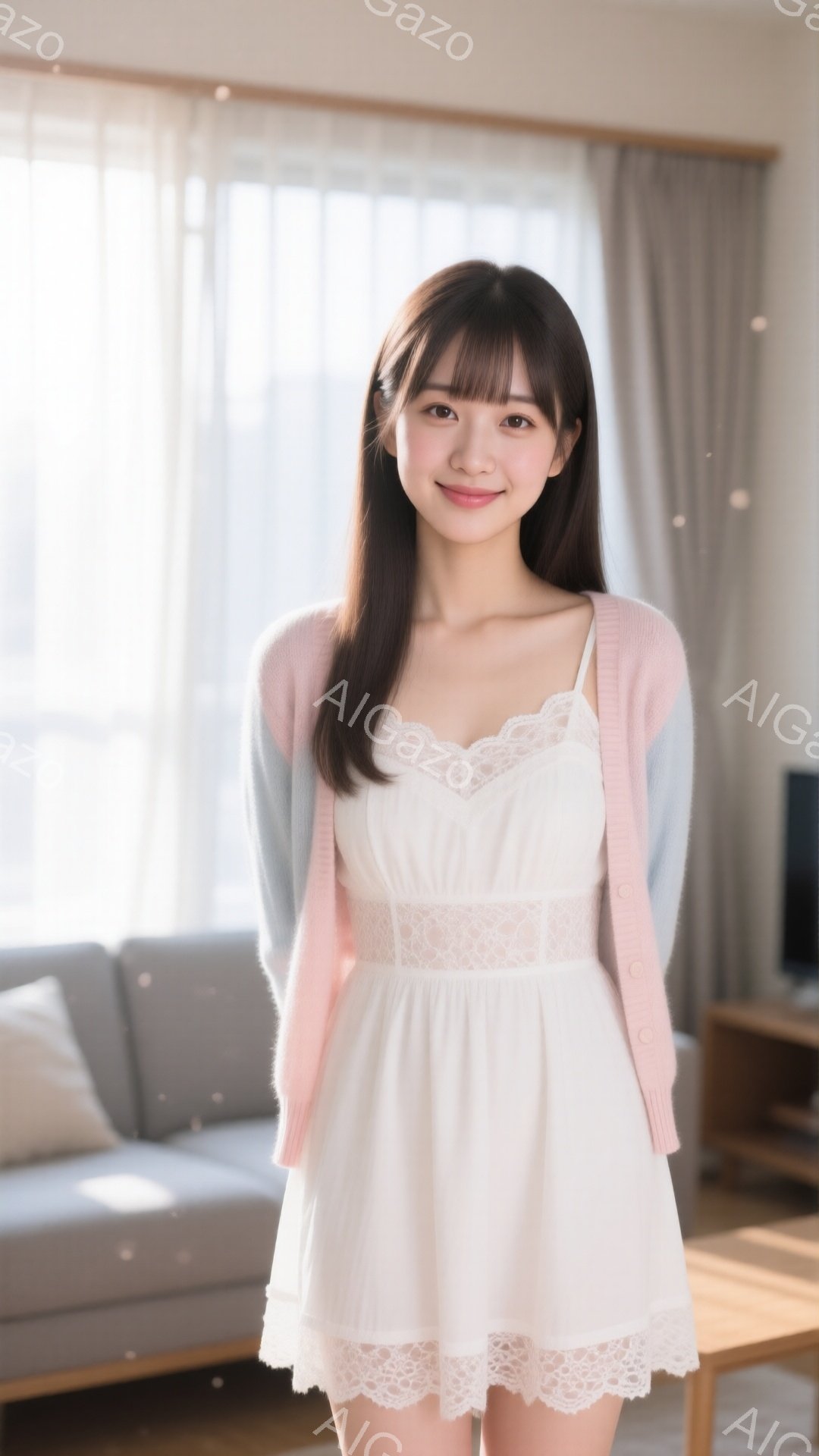 長い茶色の髪を肩にかける若い女性が、レースの装飾が施された白いワンピースに、薄いピンクと水色のカーディガンを羽織っています。彼女は微笑んでおり、リラックスした姿勢でカメラに向かって立っています。背景には、明るいリビングルームと、ぼんやりと見えるソファーやテレビなどの家具が見えます。