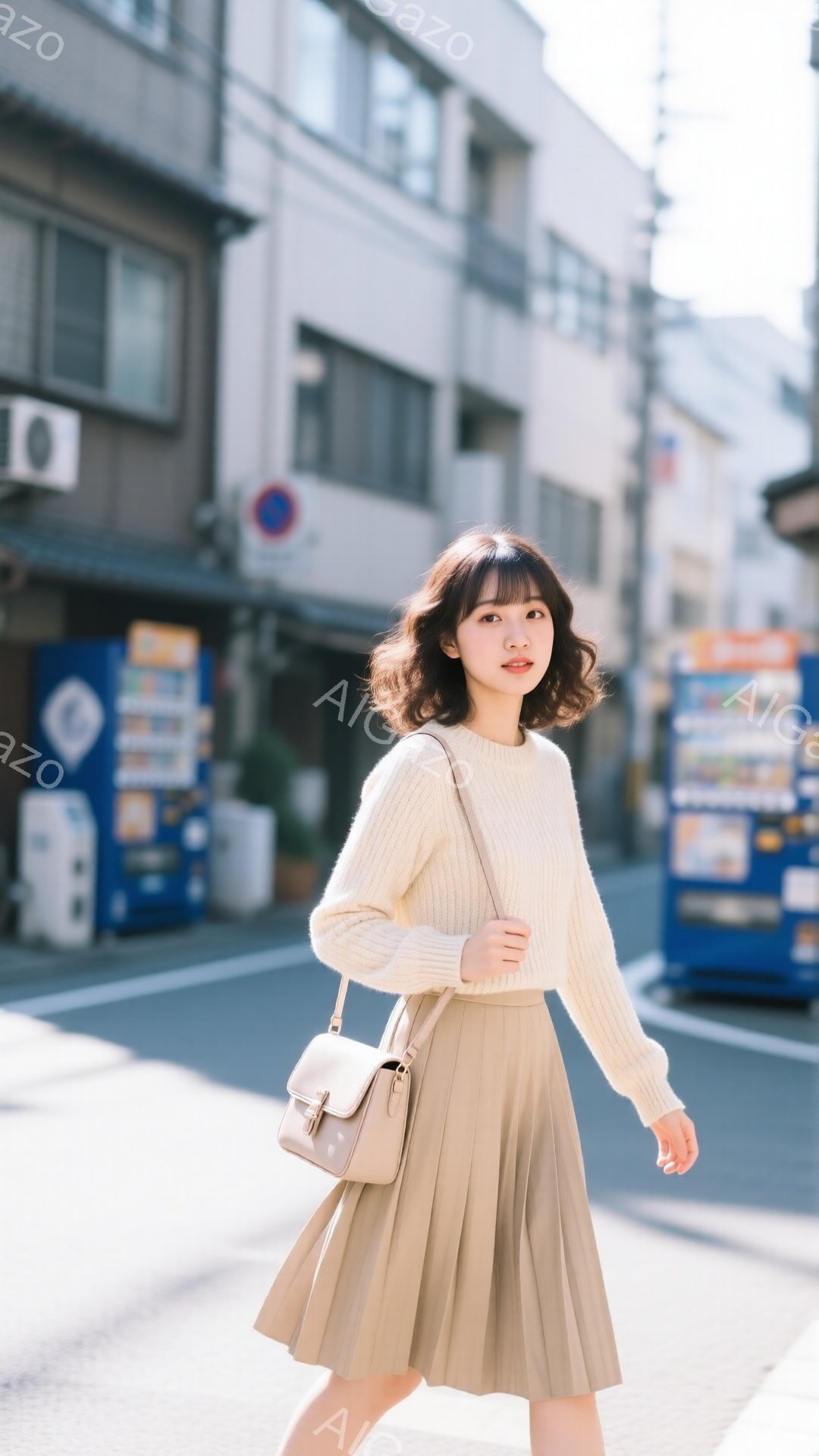 明るい日差しの下、ベージュのセーターとプリーツスカートを身につけた若い女性が歩いている。彼女は肩にかけた小さなベージュ色のショルダーバッグを持っており、少し微笑んだ表情でこちらを見ている。背景には、日本の街並みが広がり、建物や自動販売機が並んでいる。
