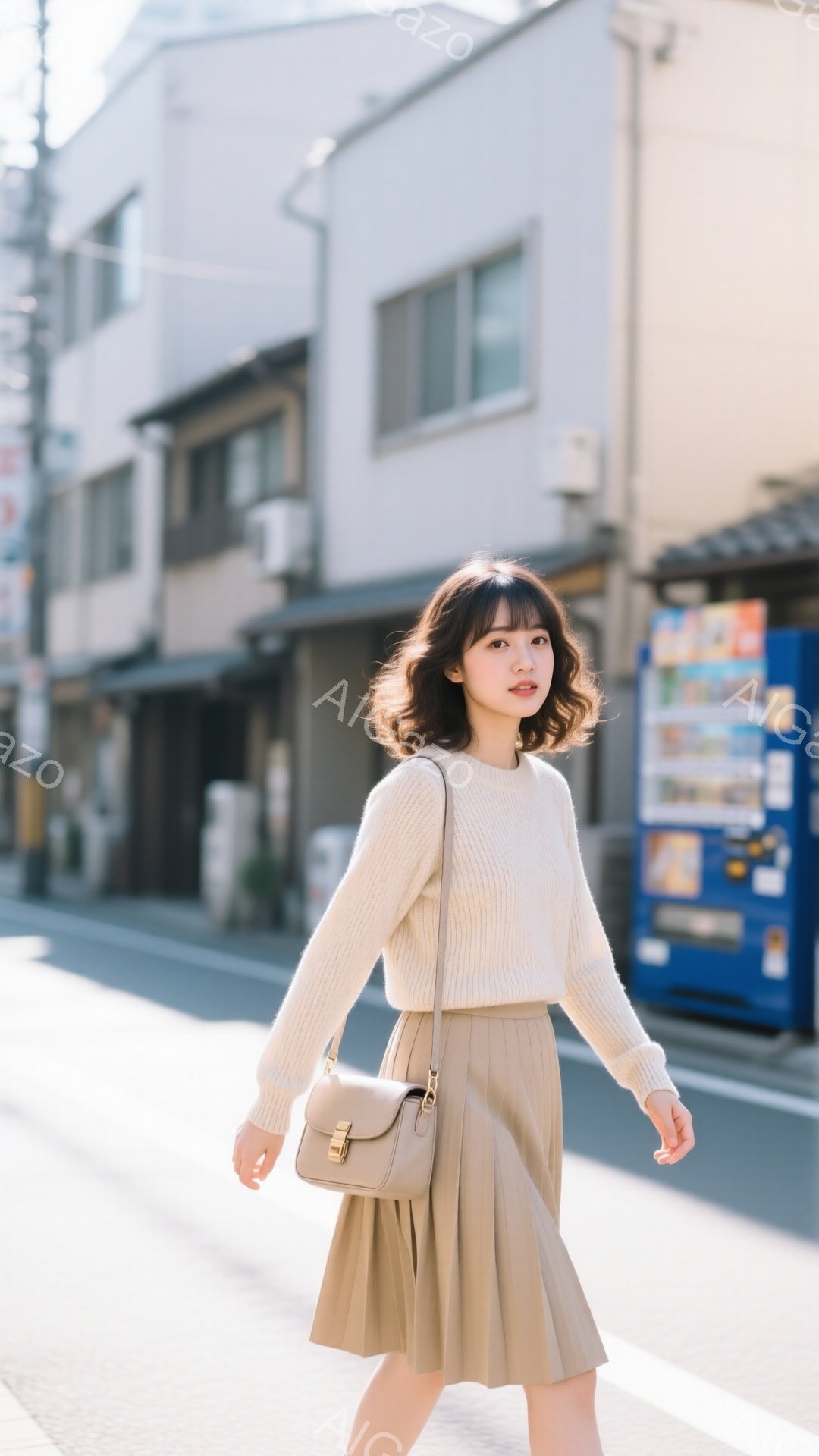 若い女性がベージュのニットセーターとプリーツスカートを身につけ、肩にベージュの小さなショルダーバッグをかけて歩いている。彼女は少し微笑んでおり、髪は肩までの長さで、前髪は軽く分けている。背景には日本の街並みが広がり、薄暗い路地と白い建物、自販機が見え、晴れた日の穏やかな雰囲気である。
