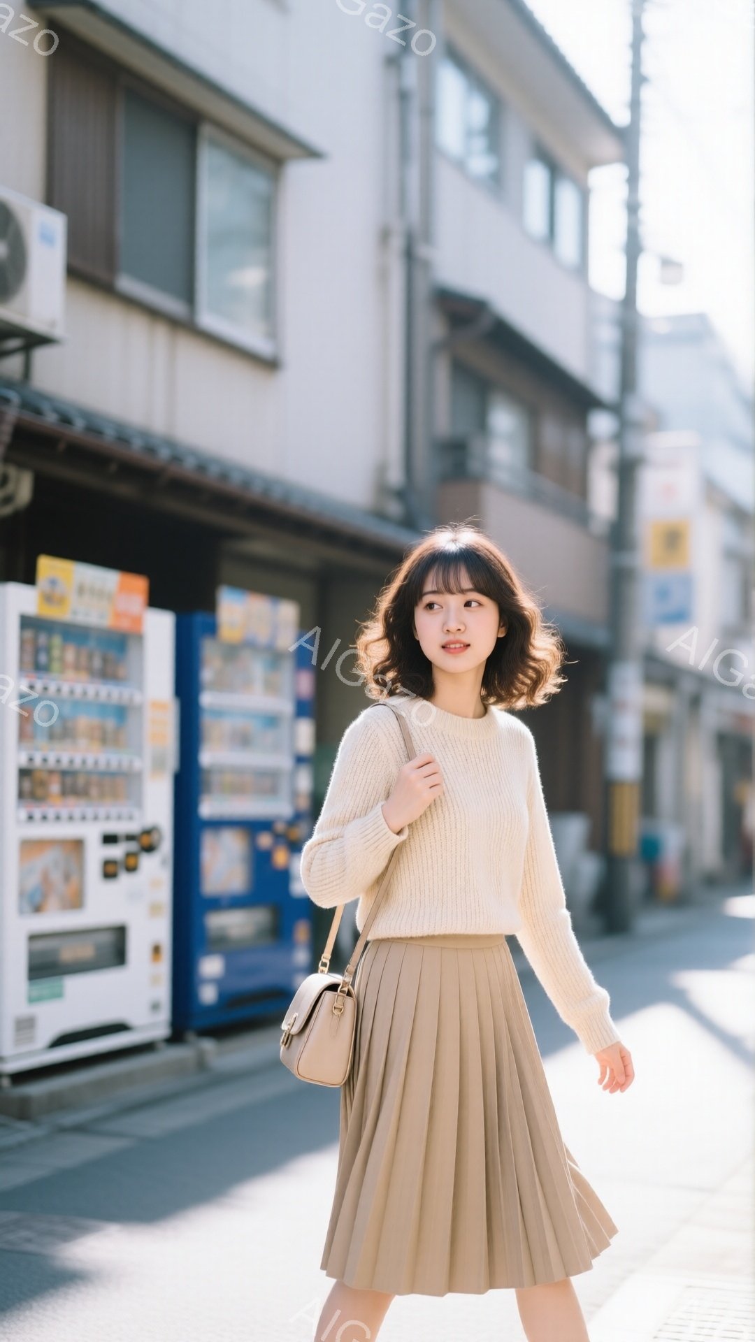若い女性がベージュのプリーツスカートとクリーム色のセーターを着て、街を歩いています。彼女は肩にベージュの小さなハンドバッグをかけており、少し微笑んでカメラの方を見ています。背景には自動販売機や古めかしい建物が見え、晴れた日の穏やかな街並みが広がっています。