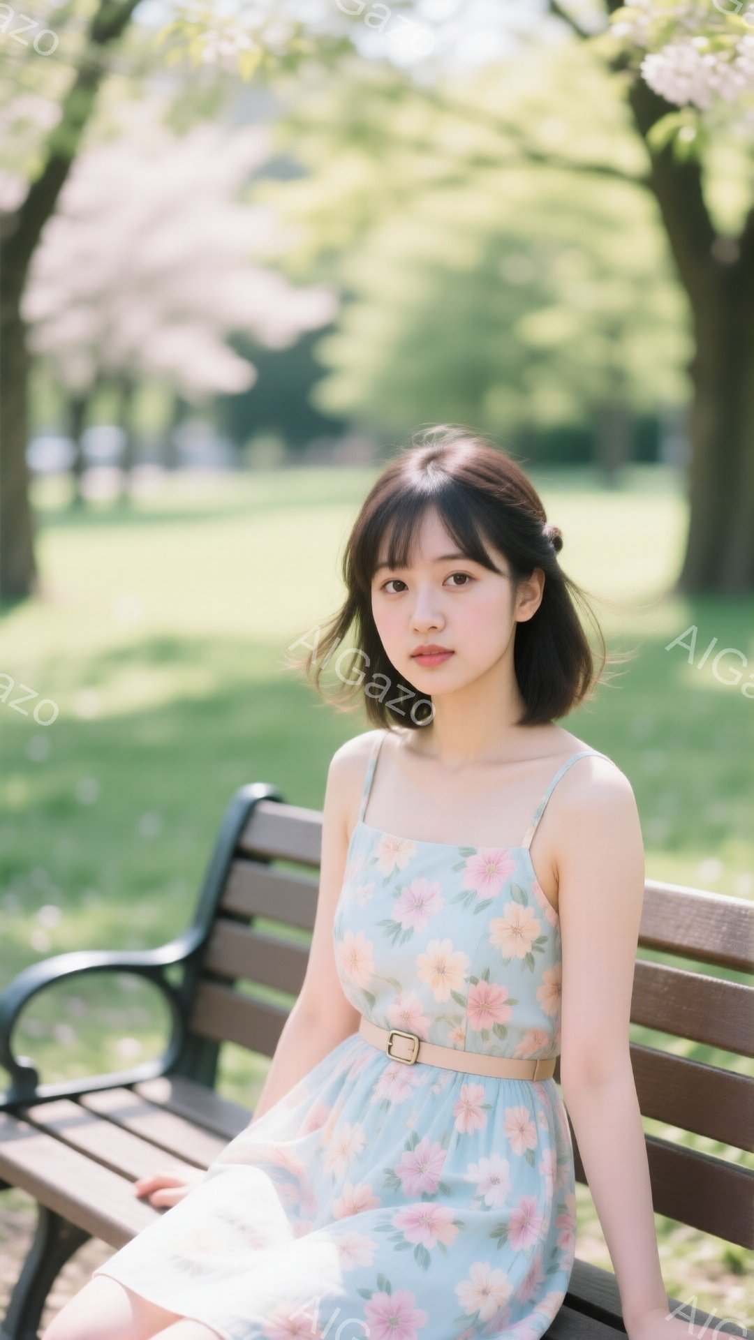 明るい日差しの中で、花柄のキャミソールワンピースを着た若い女性が公園のベンチに座っています。彼女はダークブラウンのショートヘアで、少し微笑んだ表情をしています。背景には桜の木々が咲き誇り、春の穏やかな雰囲気が漂っています。