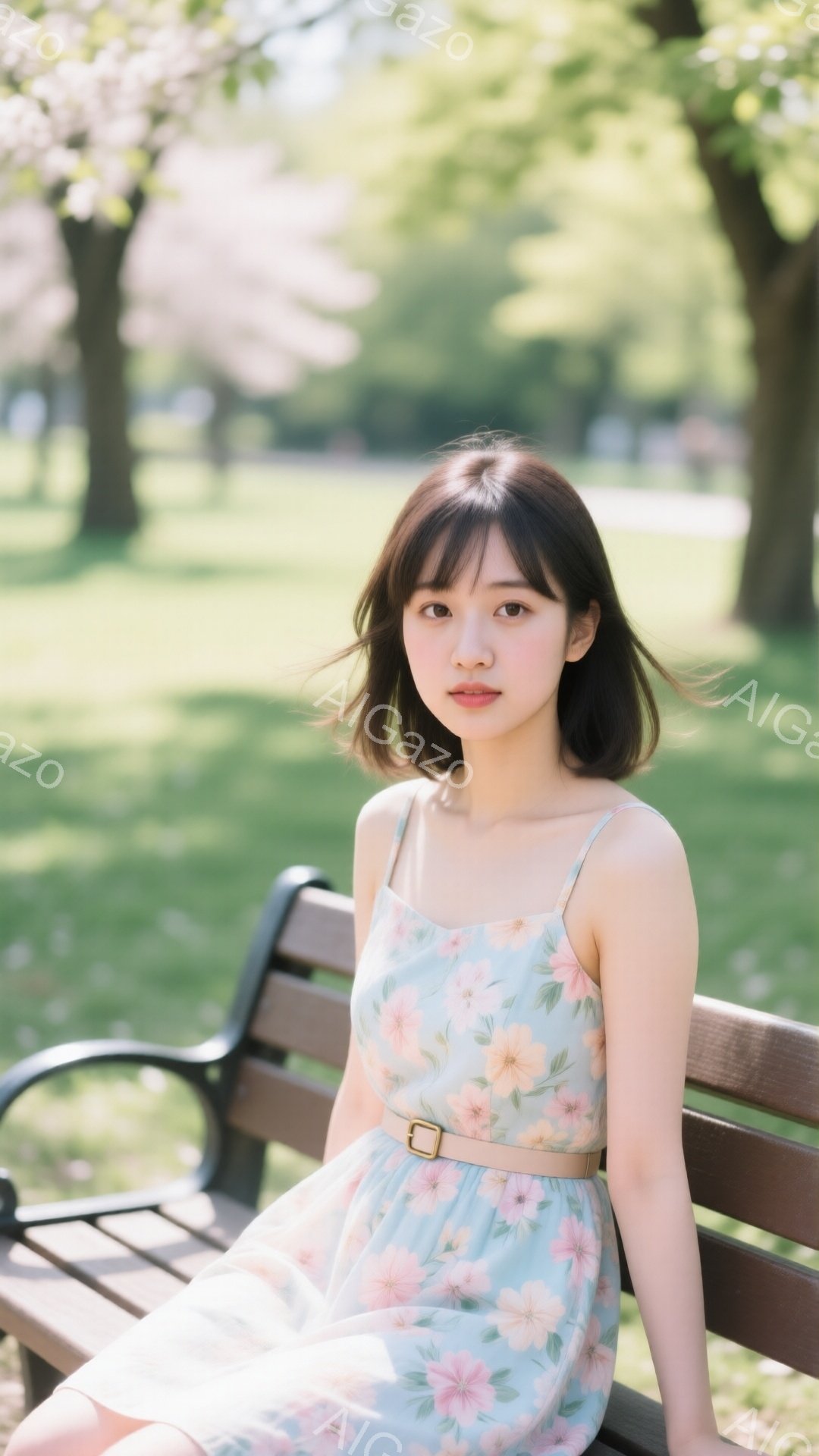 若い女性が公園のベンチに座っています。彼女は花柄の淡い水色のワンピースにベージュのベルトを締めており、黒髪のショートボブスタイルです。背景には桜の木々が咲き乱れ、春の穏やかな日差しが降り注いでいます。