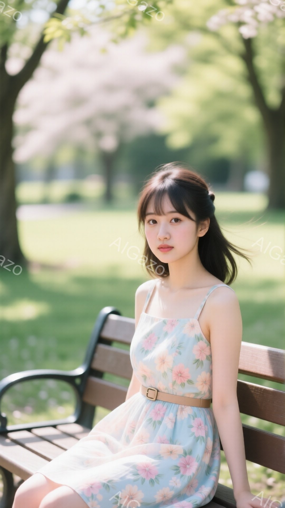 浅い水色の花柄のワンピースを着た若い女性が、公園のベンチに座っています。彼女はダークブラウンのロングヘアで、前髪が目にかかるようにカットされ、穏やかな表情を浮かべています。背景には緑豊かな芝生と桜の木 - AI生成フリー素材