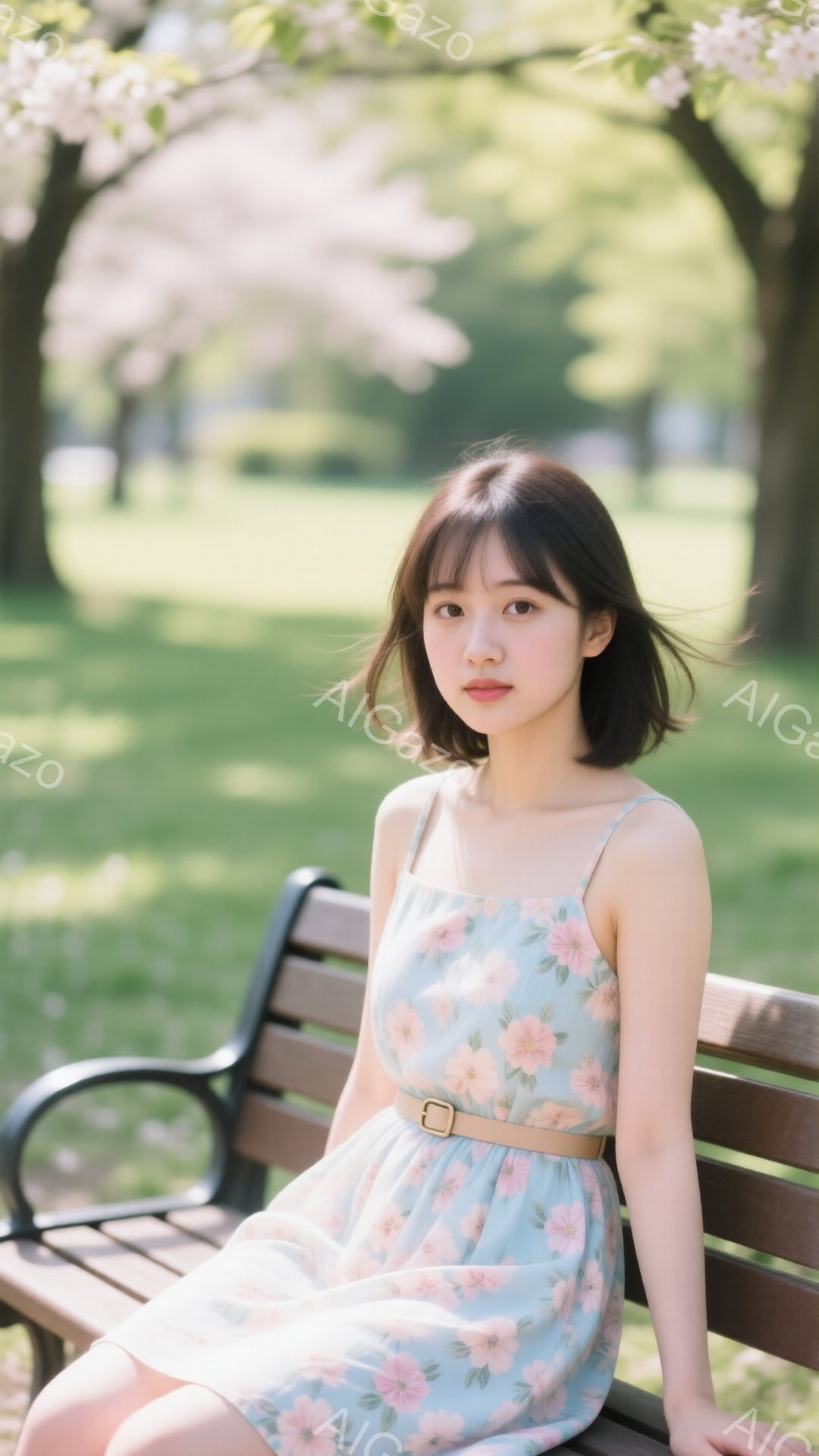 若い女性が公園のベンチに座っており、水色の花柄のキャミソールワンピースにベージュのベルトを締めています。彼女は肩までの長さのダークブラウンのヘアスタイルで、前髪は少しふさふさしており、穏やかで控えめな表情をしています。背景には桜の木々と緑豊かな自然が広がり、春の穏やかな日差しの中で、全体的に優しい雰囲気の画像です。