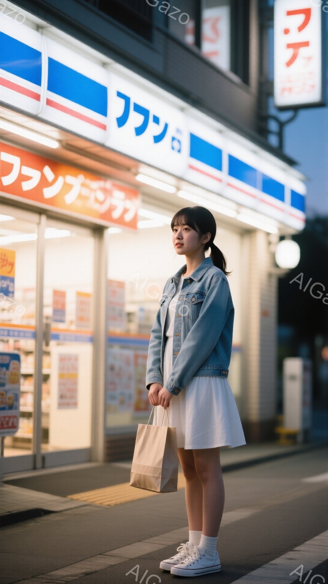 若い女性が、薄いブルーのデニムジャケットと白いスカート、白いスニーカーを身に着け、ショッピングバッグを手に立っている。彼女は肩までの長さの黒髪をポニーテールにし、少し憂いを含んだ表情で遠くを見ている。背景には、光り輝く看板のあるコンビニエンスストアがあり、夕暮れ時の静かで少しノスタルジックな雰囲気を醸し出している。