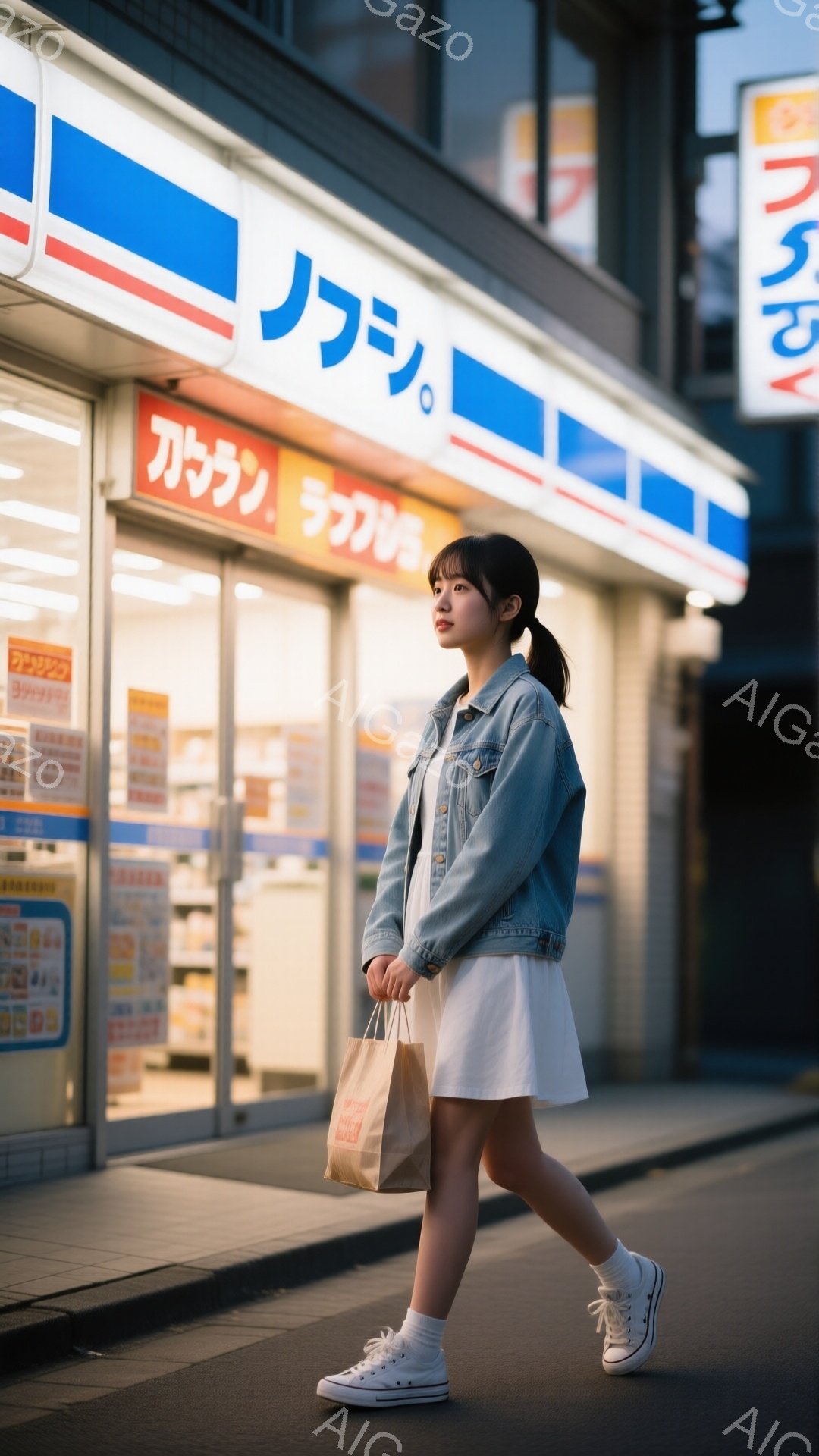 若い女性が、デニムジャケットと白いワンピース、スニーカー姿で歩いている。彼女は少し微笑んでおり、茶色の紙袋を左手に持っている。背景には、日本のコンビニエンスストアがあり、日中は明るく、周囲の建物は影になっている。
