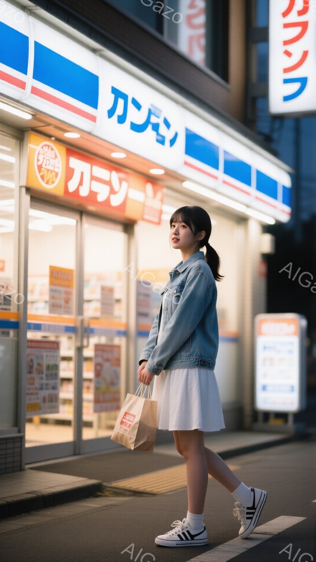 若い女性が、デニムジャケットと白いスカート、スニーカーを着用し、街を歩いている。彼女は髪をポニーテールにし、少し微笑んでいるように見える。背景にはコンビニエンスストアがあり、夜の街並みを照らす光が、全体的にノスタルジックで穏やかな雰囲気を醸し出している。