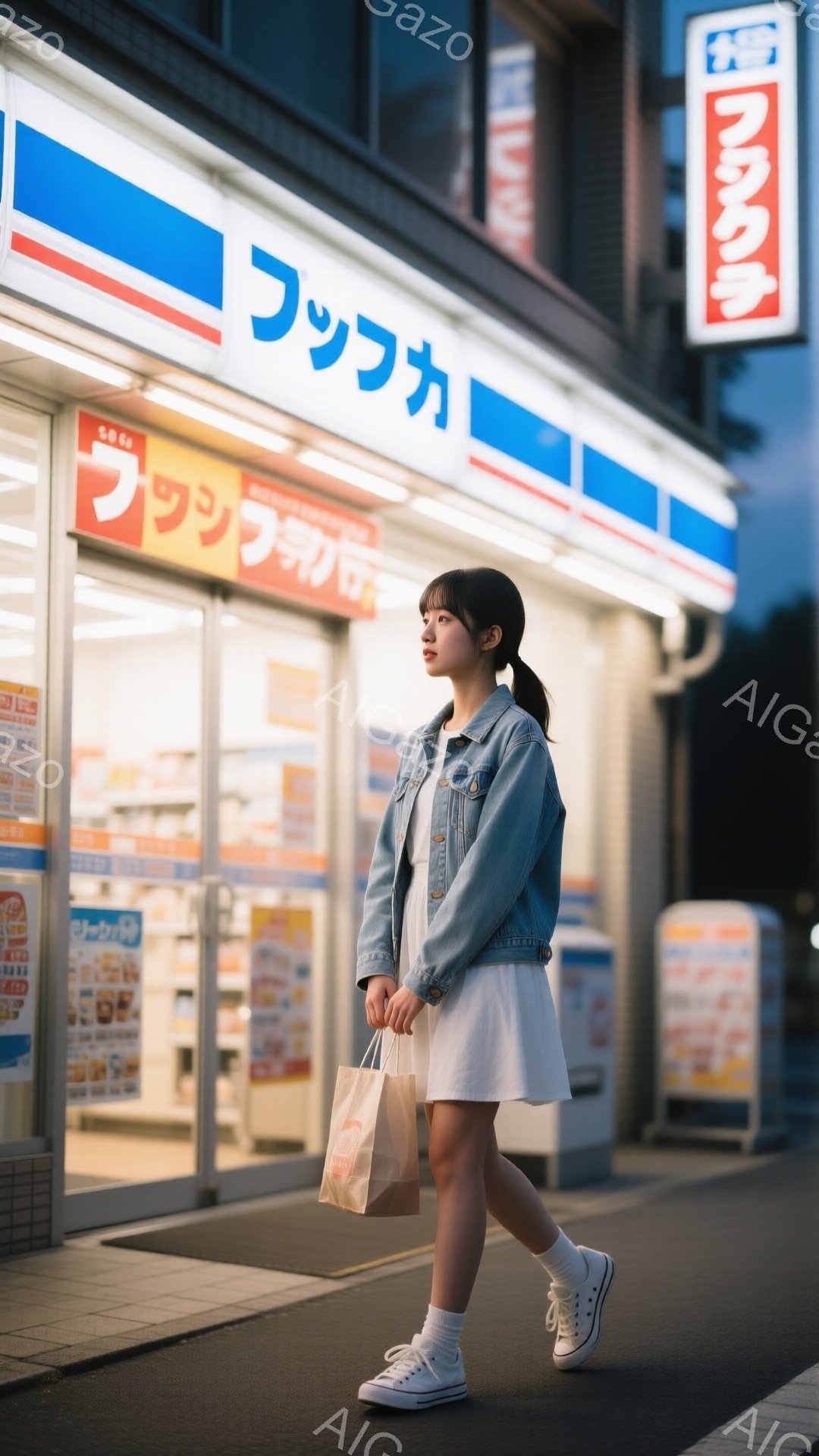 若い女性が、コンビニエンスストアの前を歩いている。彼女はデニムジャケットと白いワンピースを着て、白い靴下とスニーカーを履いている。髪はポニーテールに結われ、少し横を向いて物憂げな表情をしている。