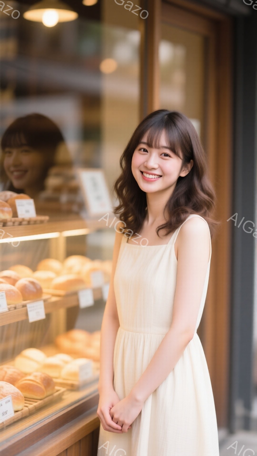 明るい笑顔の若い女性が、パン屋さんのショーケースの前に立っています。クリーム色のサスペンダーワンピースを着ており、髪は肩までの長さで、少しカールがかかっています。ショーケースには様々な種類のパンが並び、背景にはぼやけた店内の様子が見えます。