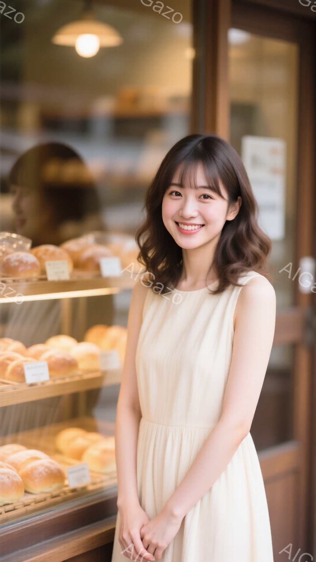 若い女性が、クリーム色のワンピースを着て、パン屋さんのショーケースの前で微笑んでいます。彼女は肩までの長さの茶髪で、前髪を少しおろしたヘアスタイルです。背景にはパンが並び、明るい日差しが差し込む、温かく穏やかな雰囲気の画像です。