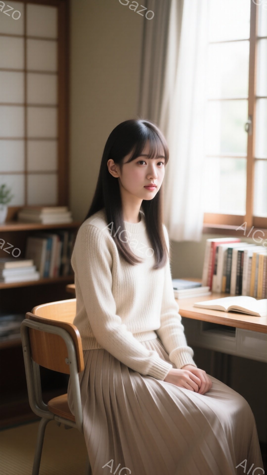 明るい光が差し込む部屋で、若い女性が椅子に座っている。ベージュのセーターとプリーツスカートを身につけ、前髪を揃えた黒髪が印象的だ。彼女は穏やかな表情で、少し微笑んでいるように見える。