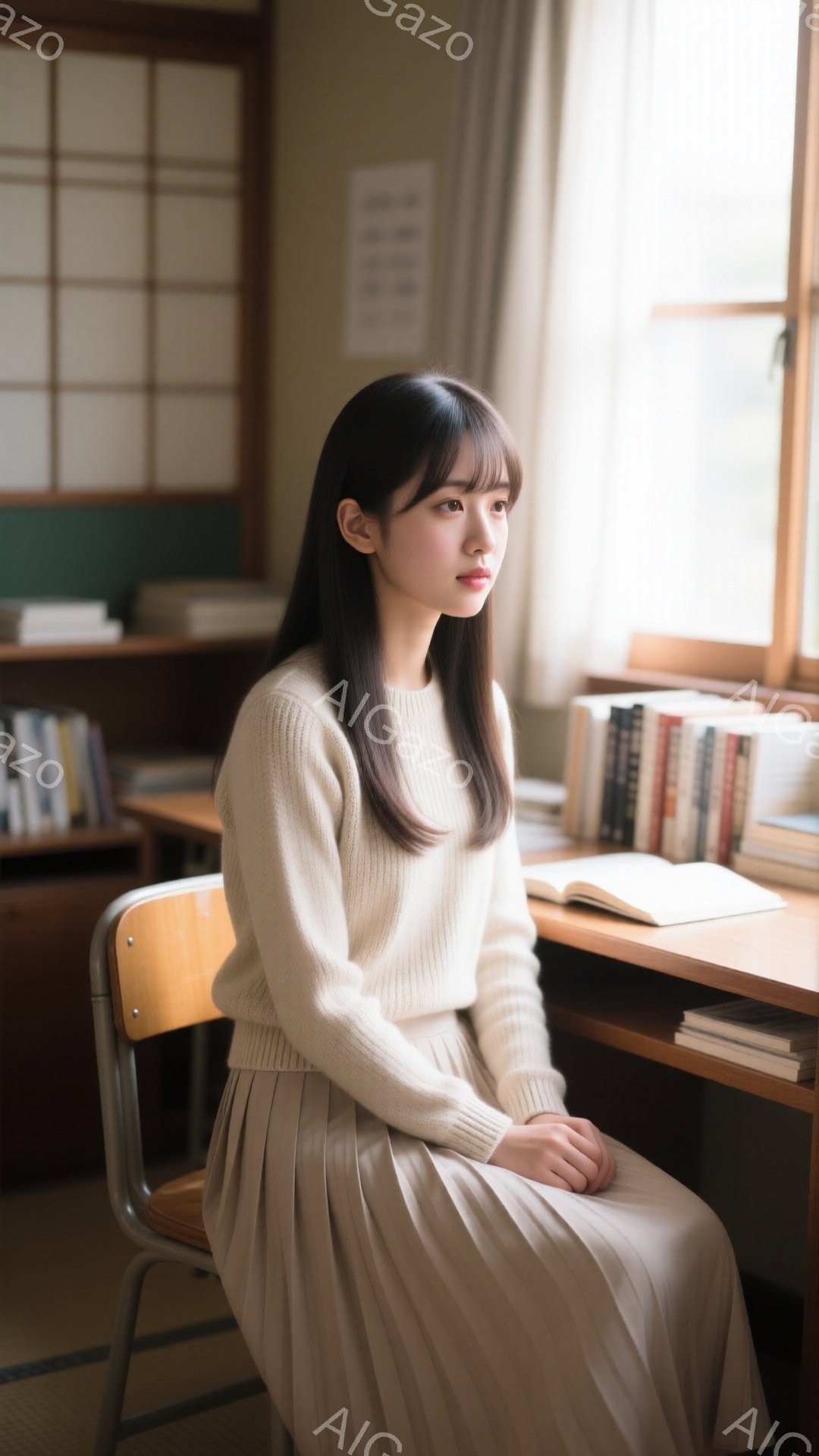 長い黒髪をセンターパートにした若い女性が教室に座っています。ベージュのセーターとプリーツスカートを身につけ、少し物憂げな表情で窓の外を見つめています。教室には木製の机と本棚があり、柔らかな光が差し込み、静かで落ち着いた雰囲気を醸し出しています。