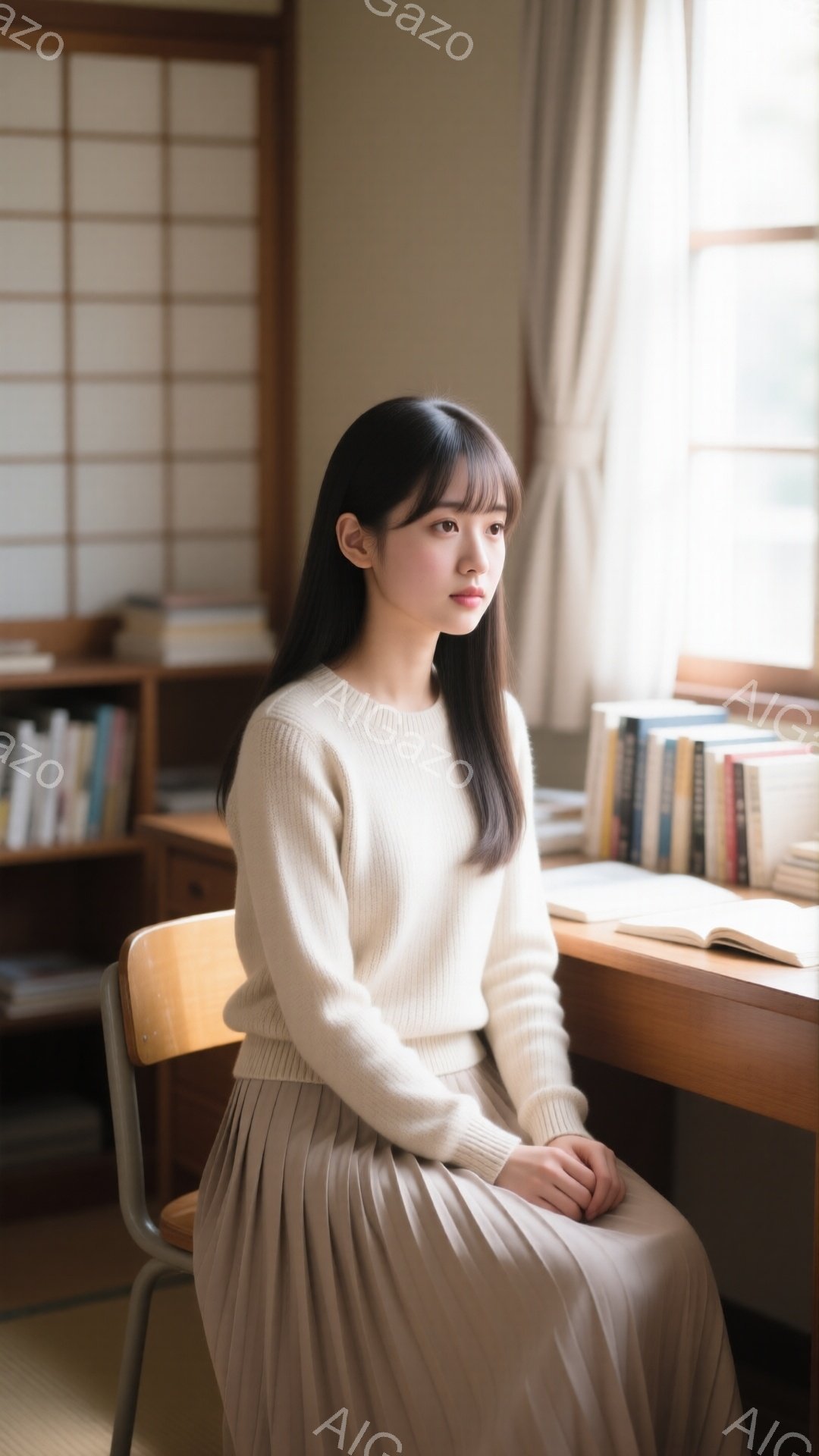 長い黒髪をセンターパートにした若い女性が、ベージュ色のセーターとプリーツスカートを身につけて教室の椅子に座っています。彼女は少し物憂げな表情で、遠くを見つめています。背景には本棚と木製の机があり、窓から差し込む光が教室全体を柔らかく照らしています。