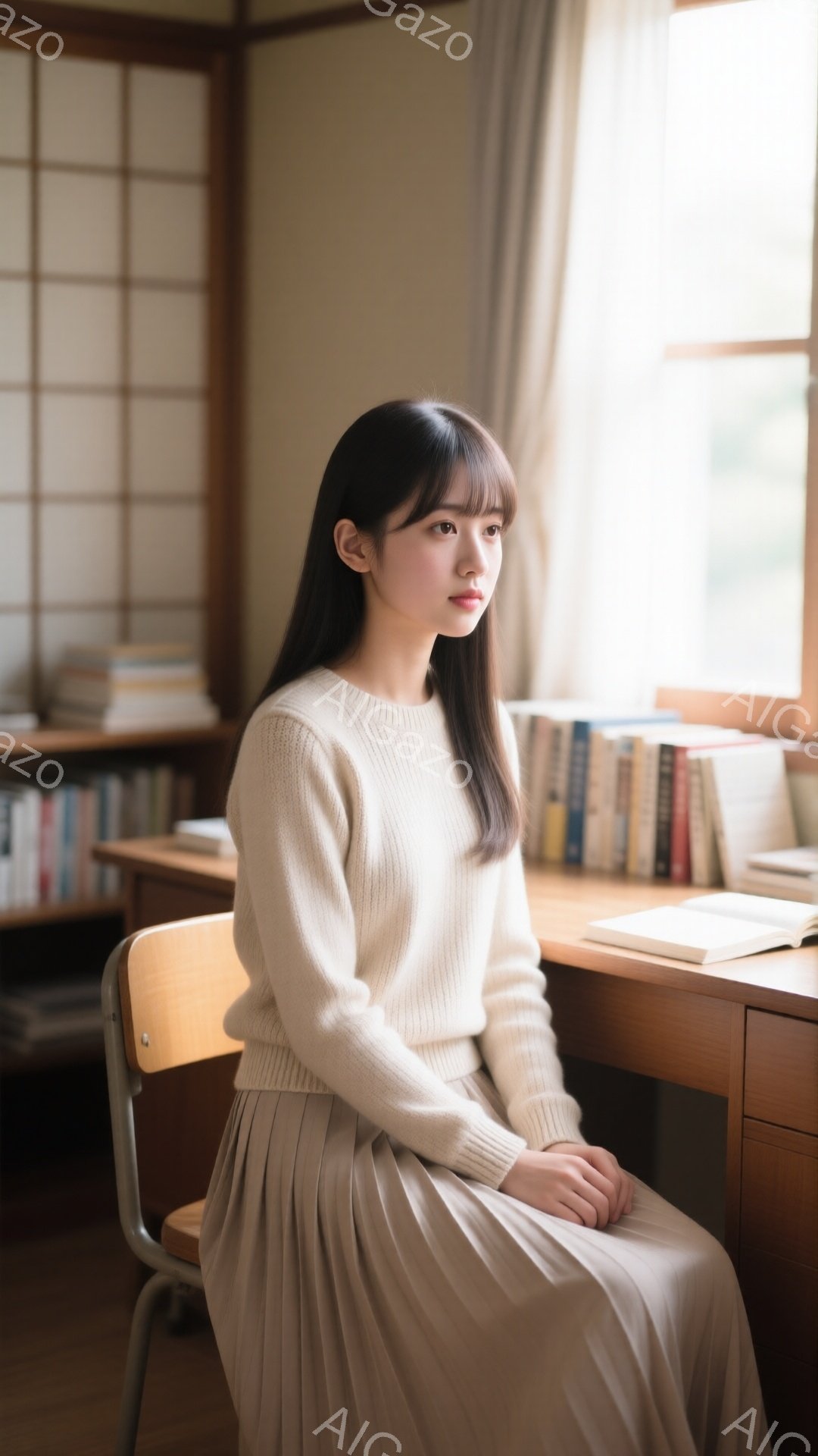 長い黒髪をサイドに流した若い女性が、ベージュ色のセーターとプリーツスカートを着て椅子に座っています。彼女はわずかに横を向き、穏やかで物憂げな表情をしています。背景には本棚と木製の机があり、窓から柔らかい光が差し込み、落ち着いた雰囲気を作り出しています。