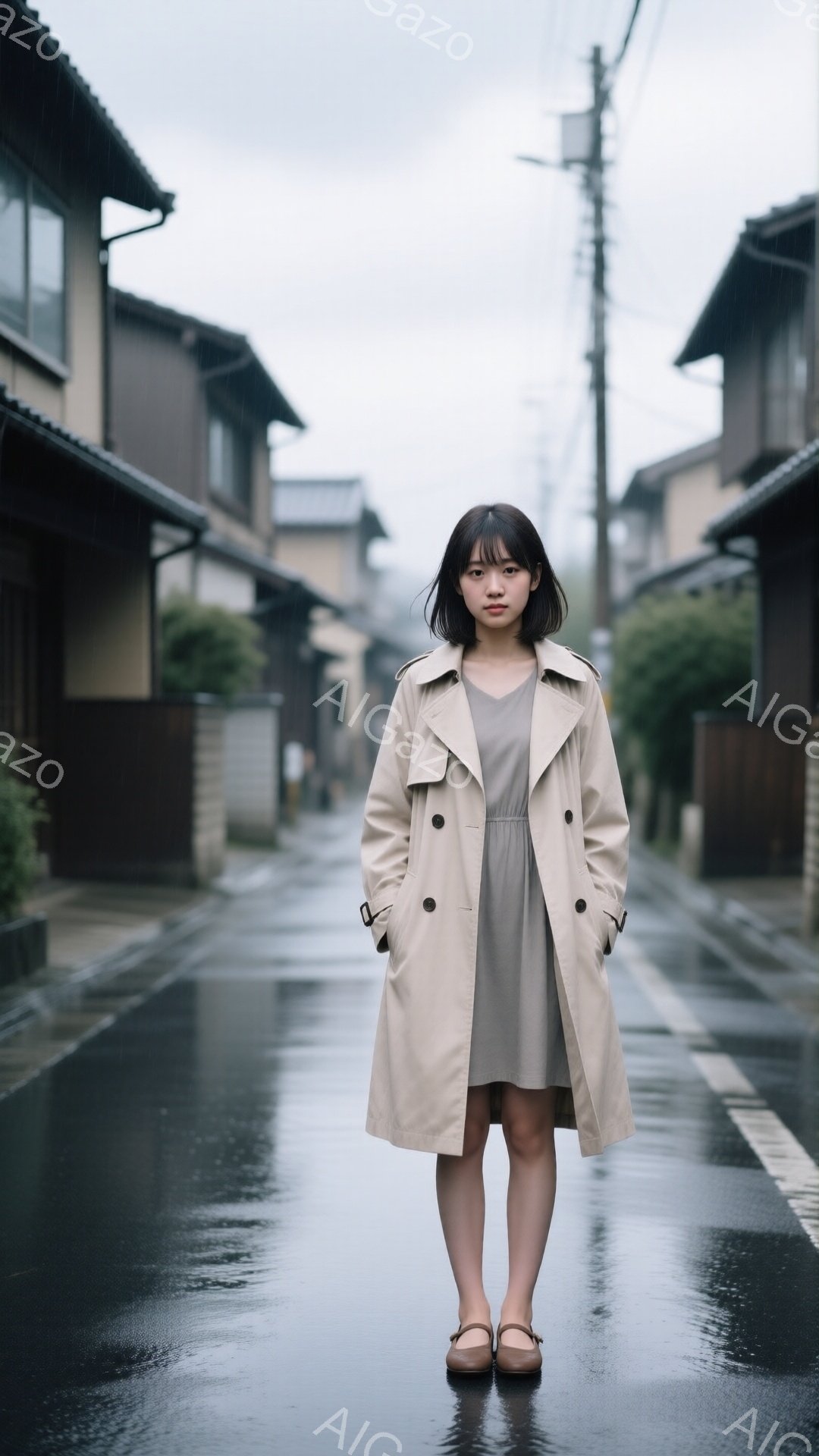 ベージュ色のトレンチコートを着た若い女性が、雨上がりの路面に立っている。彼女はダークブラウンのボブヘアで、表情はやや無表情で、どこか物憂げだ。背景には伝統的な木造建築が並び、路面は雨水で濡れて光っている。