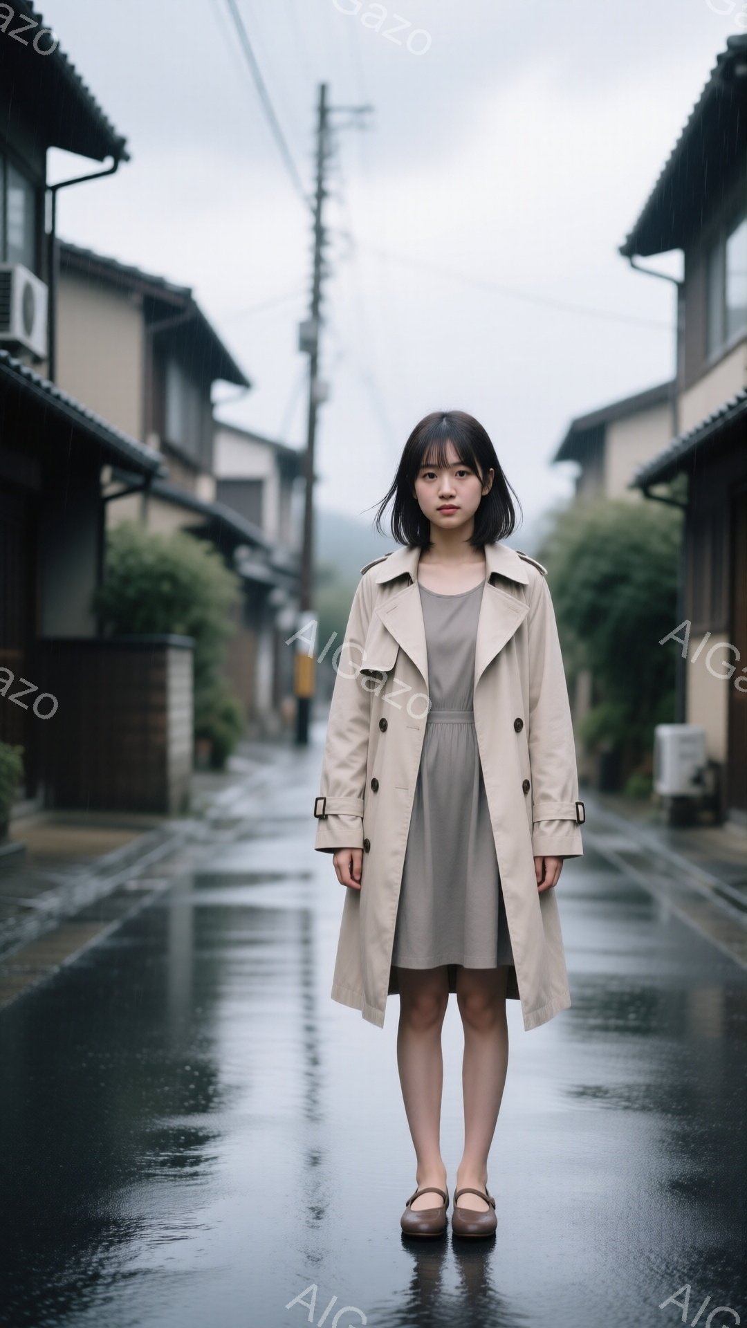 ベージュ色のトレンチコートを着た若い女性が、雨上がりの濡れた道路の中央に立っている。彼女は短いダークブラウンの髪をしており、無表情な顔でカメラを見つめている。背景には、伝統的な日本の家並みが広がり、雨が降った後の水たまりが道路に反射している。