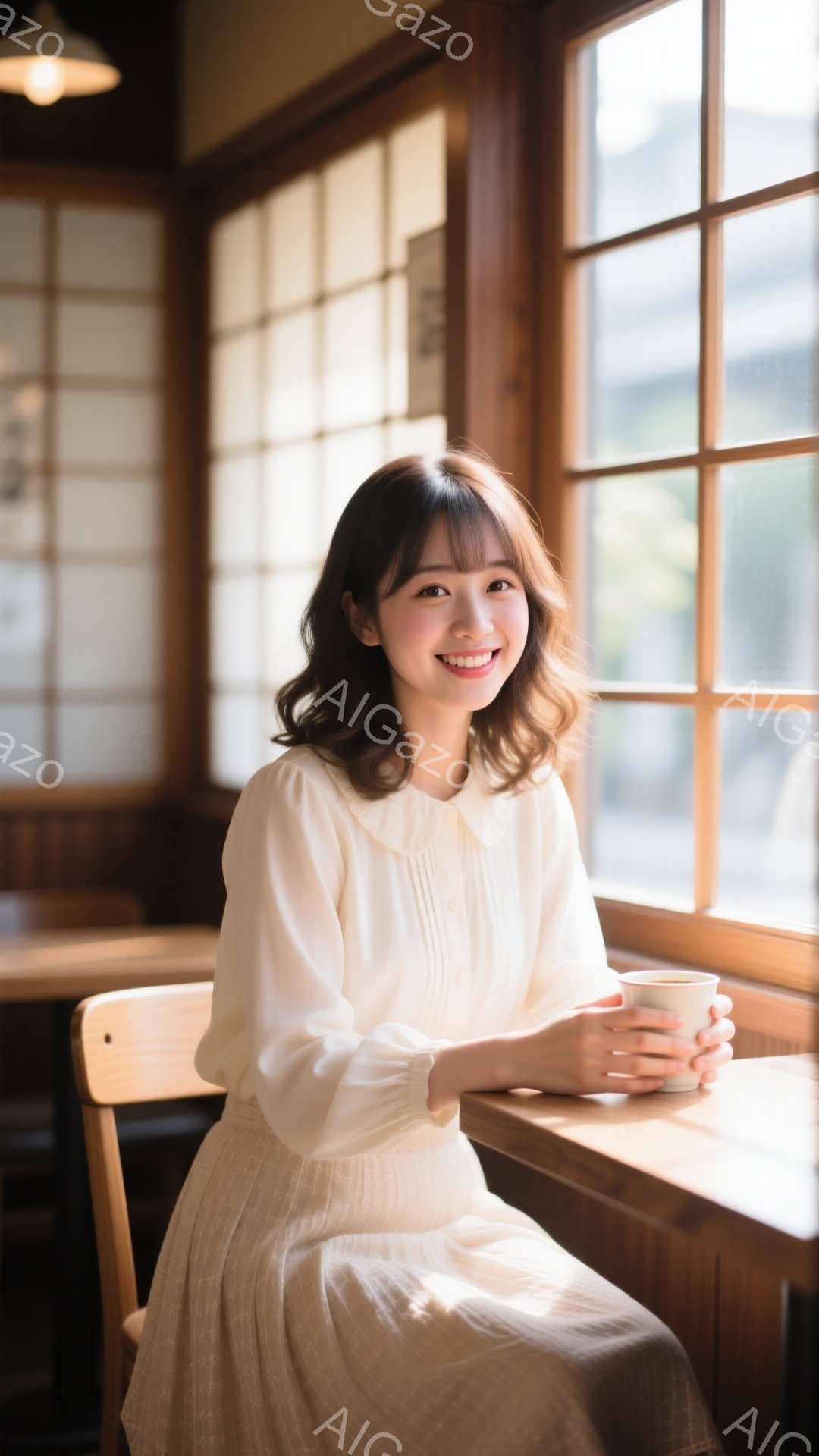 明るい光が差し込む窓辺に、ベージュ色のワンピースを着た若い女性が座っています。彼女は微笑み、片手に温かい飲み物を持っています。背景には木製のテーブルと窓があり、穏やかでリラックスした雰囲気が漂っています。