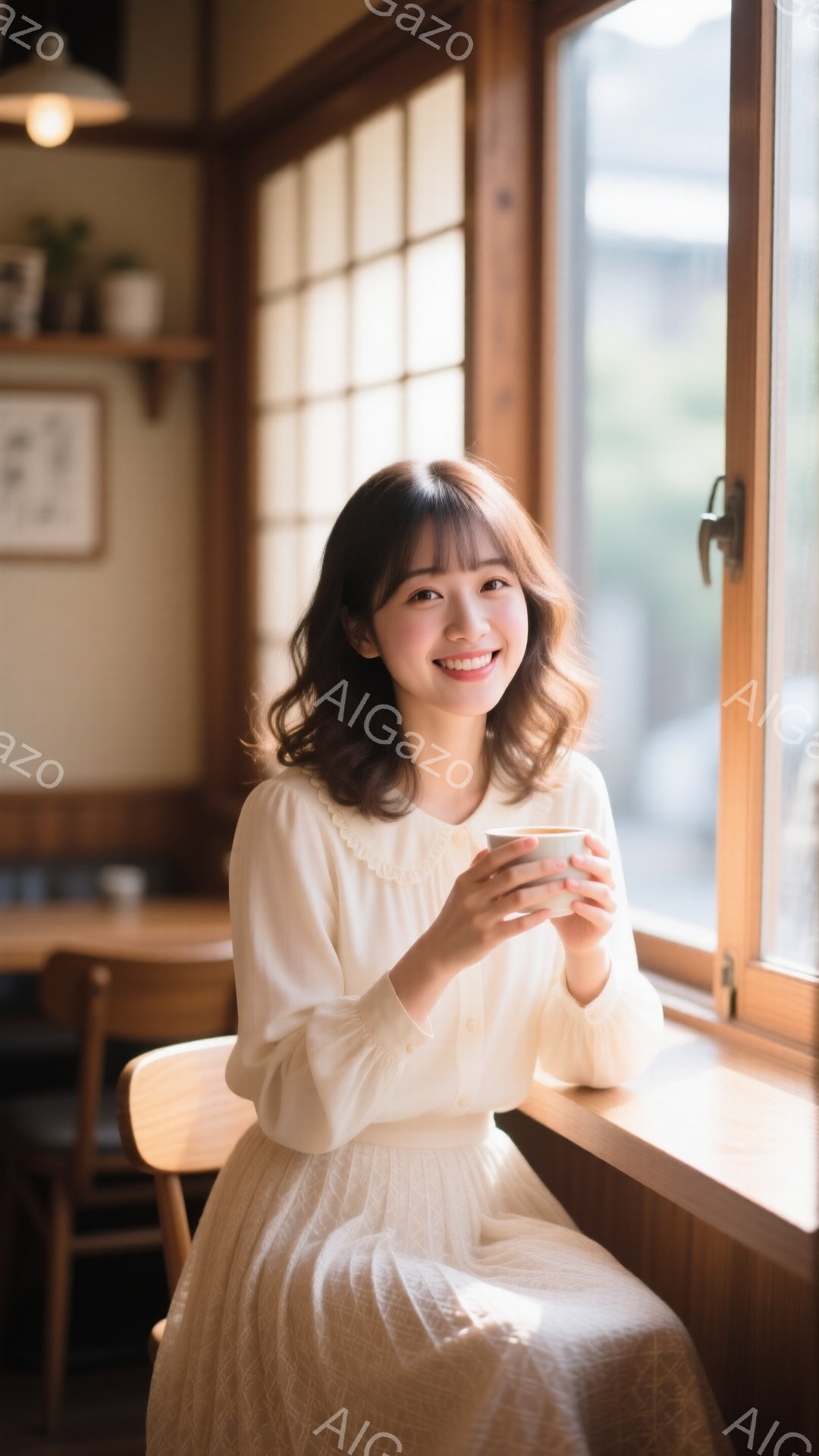 明るい窓辺に座る女性は、オフホワイトのブラウスとスカートを身につけて微笑んでいます。彼女は両手でマグカップを持ち、穏やかな表情でカメラを見つめています。背景には木製のインテリアと、ぼやけた街並みがうっすらと見え、暖かく柔らかな雰囲気が漂っています。