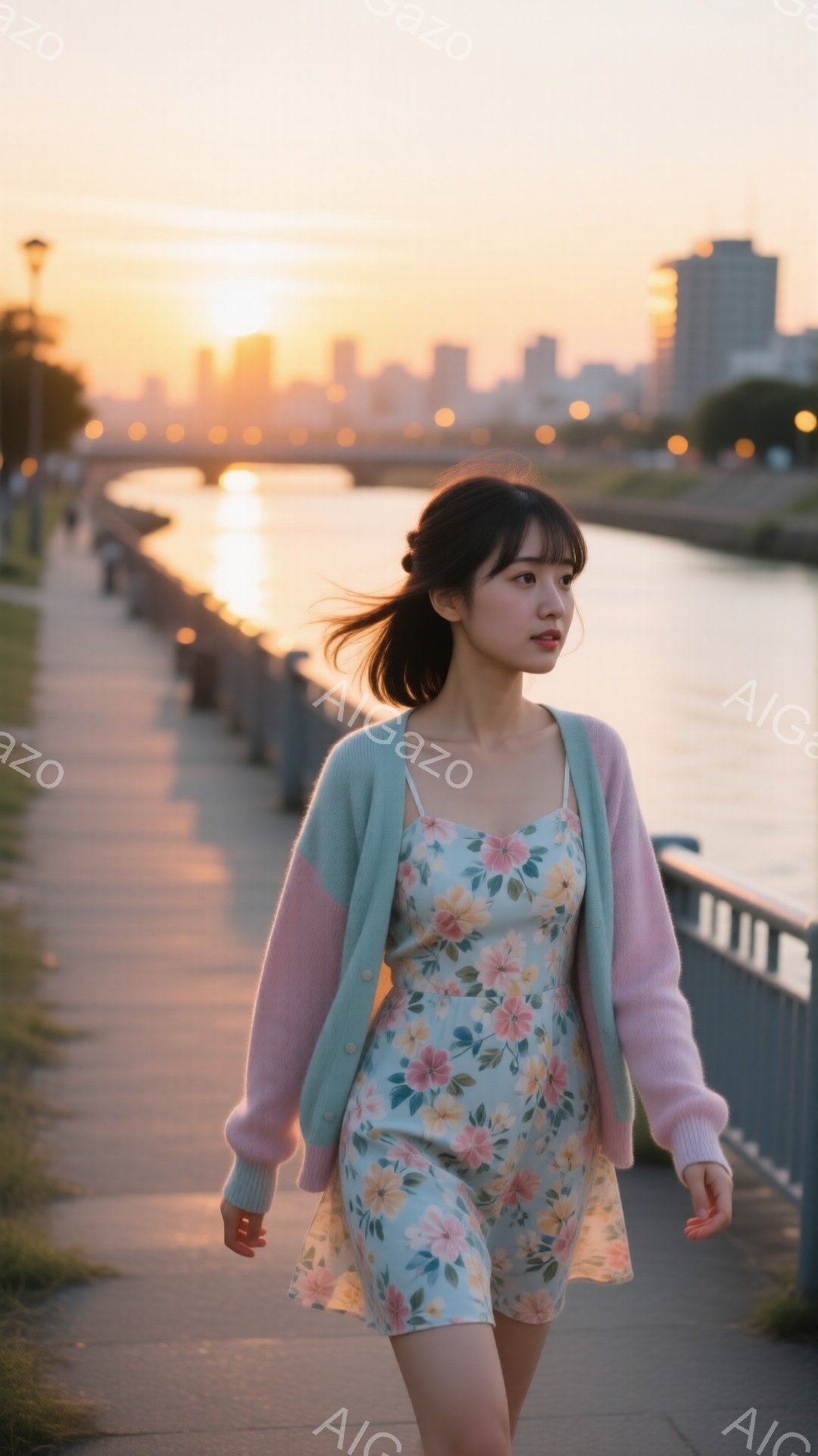 若い女性が花柄のワンピースに、ピンクと水色のカーディガンを羽織って歩いています。彼女は髪をセンターパートにしており、少し微笑んでいる表情で、どこかを見つめています。背景には、夕焼けに照らされた川と街並 - AI生成フリー素材