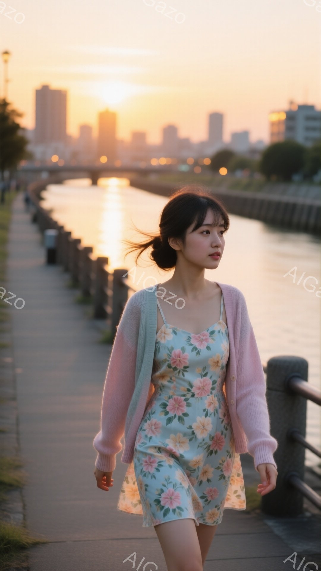 若い女性が、花柄のキャミソールワンピースに薄いピンク色のカーディガンを羽織って、川沿いの遊歩道を歩いている。彼女は髪を後ろで一つにまとめ、少し横を向いて微笑んでいるように見える。背景には夕焼けに染まる街並みと川が広がり、穏やかでロマンチックな雰囲気を醸し出している。