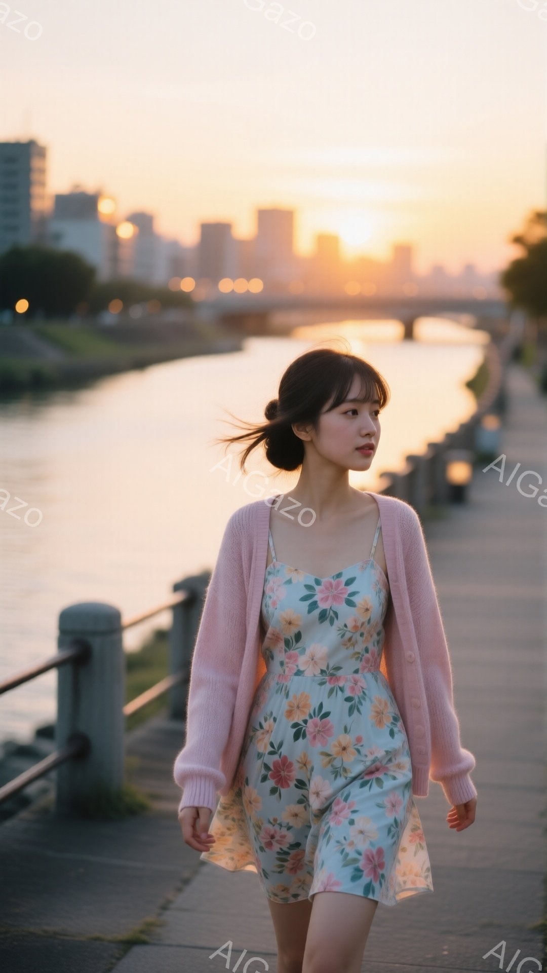 若い女性が、薄い水色の花柄のワンピースに薄いピンク色のカーディガンを羽織って、川沿いの遊歩道を歩いている。彼女は黒髪を後ろでまとめ、少し微笑んだ表情で、遠くを見つめている。夕暮れ時の空はオレンジ色に染まり、背景には都市の明かりがぼんやりと見える、穏やかで優しい雰囲気の写真だ。