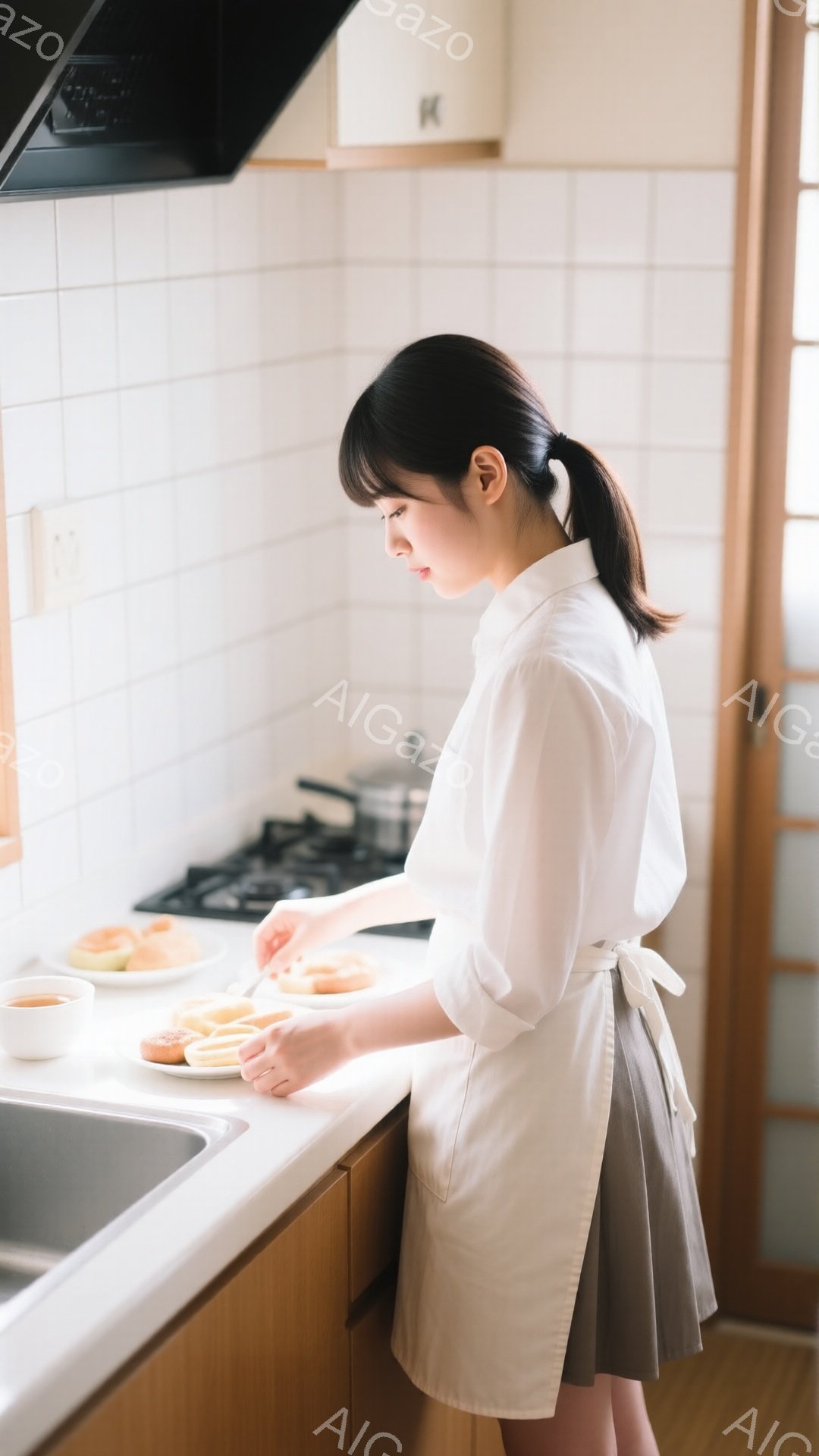 白いキッチンで若い女性が料理をしている写真です。彼女は白いシャツとグレーのスカートを着ており、エプロンをつけています。髪は後ろでポニーテールに結ばれており、真剣な表情で食材を切っています。