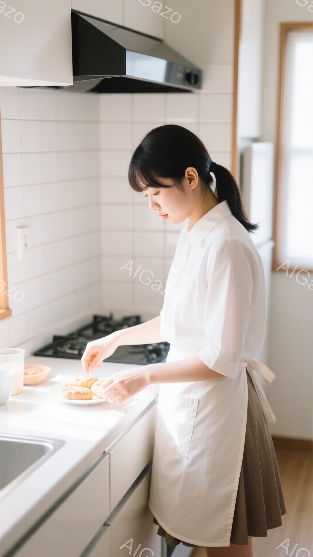 白いエプロンと白いシャツを着た若い女性がキッチンで料理をしている。彼女は薄茶色のスカートを履き、黒髪を後ろで一つに結んでいる。キッチンは白を基調とした清潔感のある空間で、ガスコンロと流し台が映っている。
