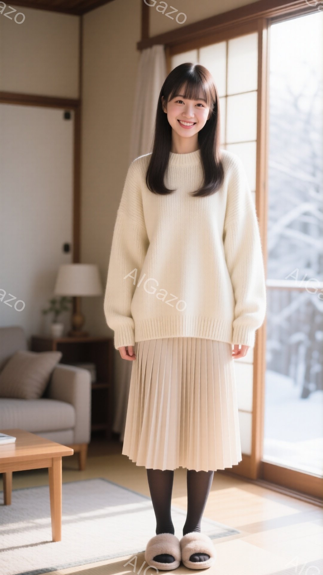 明るい室内で、女性がベージュのセーターとプリーツスカート、黒いタイツ、ふわふわのスリッパを身に着けて立っています。彼女は微笑んでおり、髪は前髪を下ろしたストレートヘアです。窓の外には雪景色が見え、和室のような畳の床と、ソファやランプが置かれたシンプルな背景が広がっています。