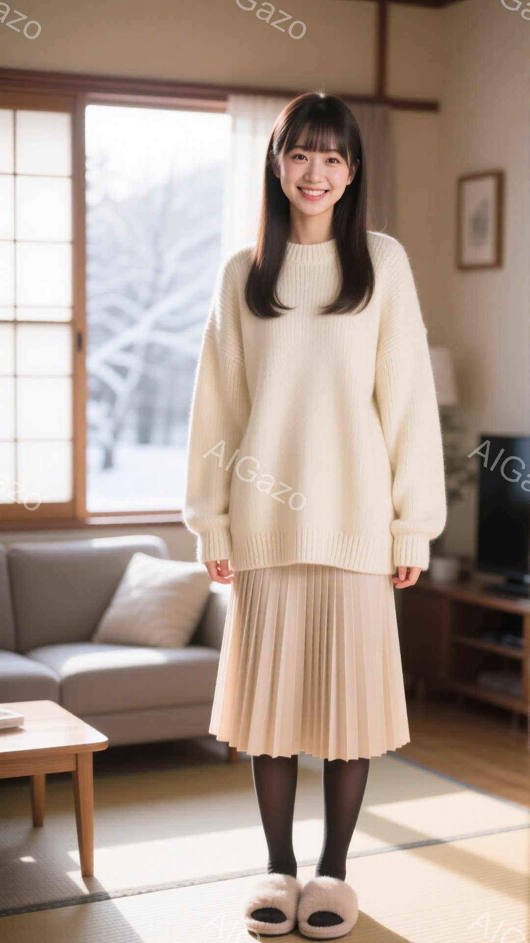 画像は、明るい室内で微笑む若い女性を捉えています。彼女はオフホワイトのセーターとプリーツスカート、黒いタイツ、ふわふわのスリッパを着用し、髪はストレートで前髪が短く、自然な笑顔を見せています。背景には、畳敷きの床、シンプルなソファ、窓から見える雪景色が広がり、温かく穏やかな雰囲気を醸し出しています。