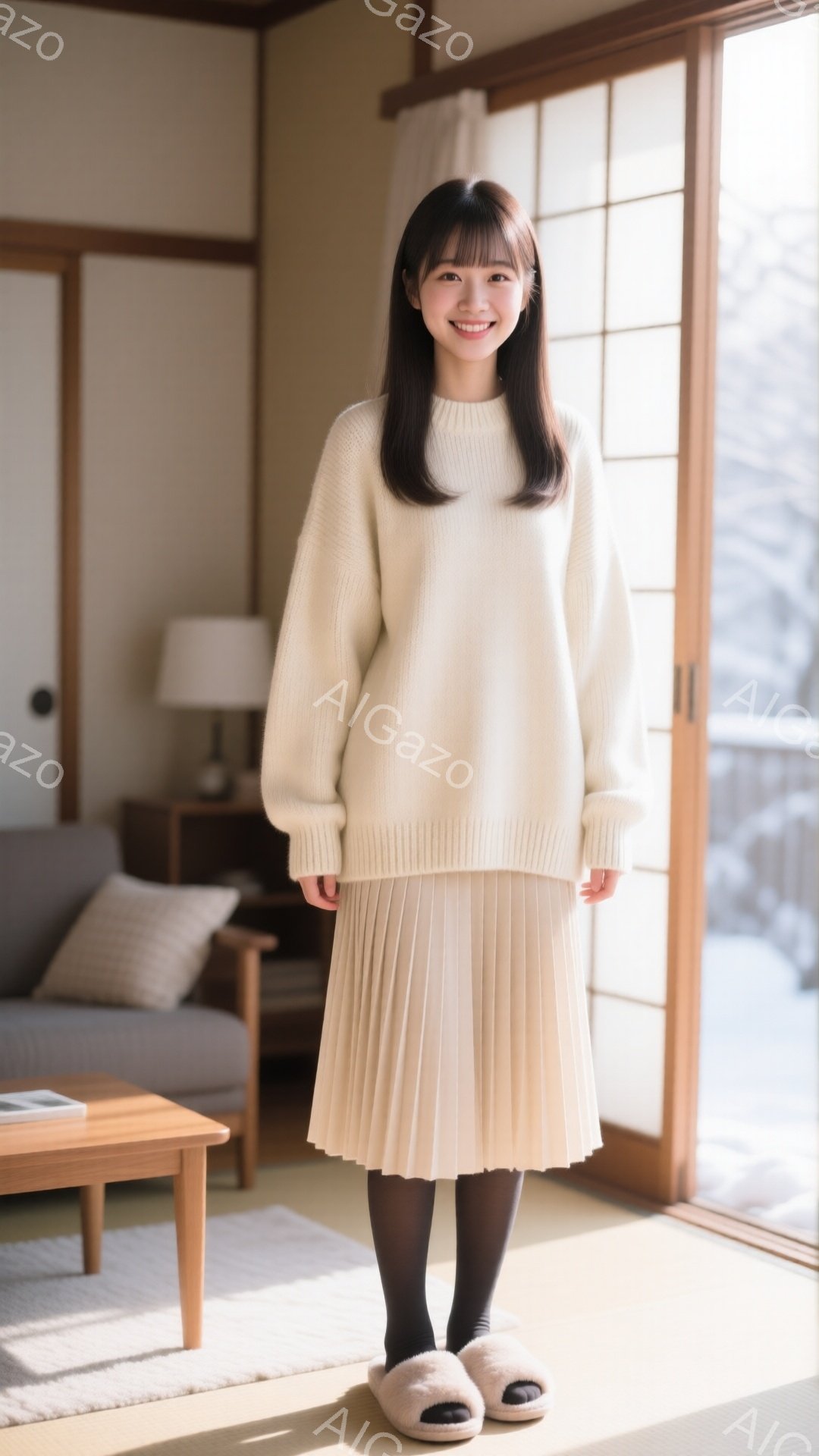 長い黒髪の女性が、ベージュ色のオーバーサイズのセーターとプリーツスカートを身につけて立っています。室内は明るく、畳の床と障子戸が見え、背景には雪景色が広がっています。彼女は微笑んでおり、リラックスした - AI生成フリー素材