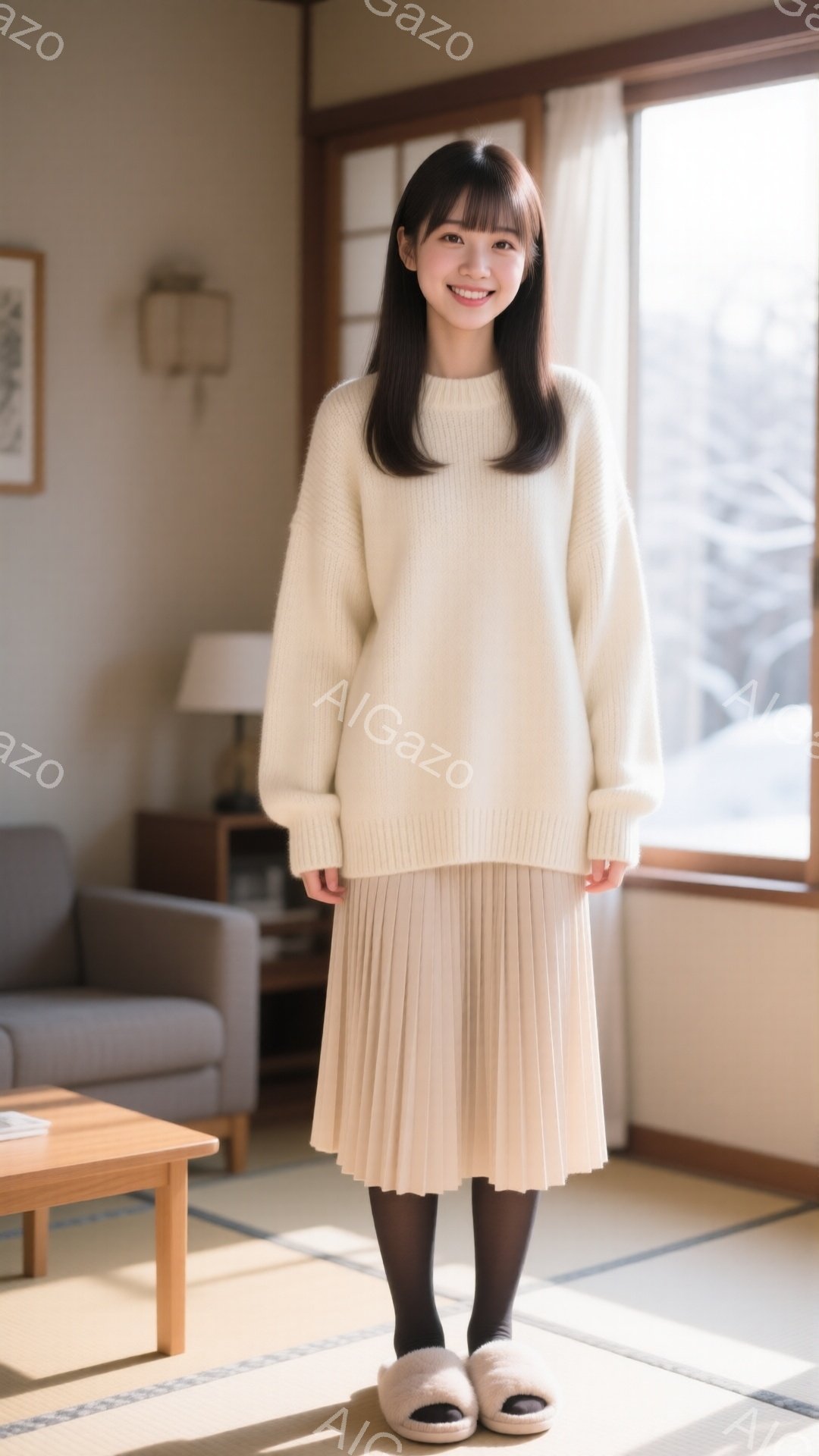 明るい室内で、ベージュのセーターとプリーツスカートを着用した若い女性が立っています。彼女は黒いタイツとふわふわのスリッパを履いており、微笑んでカメラを見ています。背景には畳の部屋、ソファ、そして窓から見える雪景色が見えます。