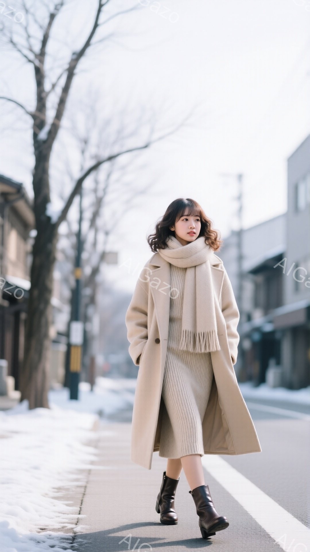 クリーム色のオーバーサイズコートとニットのセットアップを身につけた女性が、雪が残る道を歩いている。彼女はゆるいウェーブのかかったロングヘアで、少し微笑んだ表情をしている。背景には木々や建物が見え、冬の - AI生成フリー素材