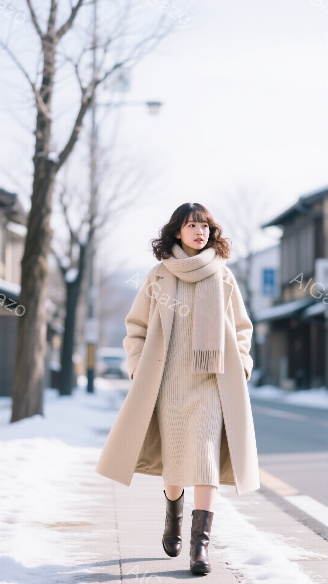 白い雪が積もる街並みを、ベージュのロングコートとニットワンピースを着た女性が歩いている。彼女は巻き毛のヘアスタイルで、少し微笑んでいる表情をしている。背景には伝統的な木造建築と冬の寒々とした風景が広が - AI生成フリー素材