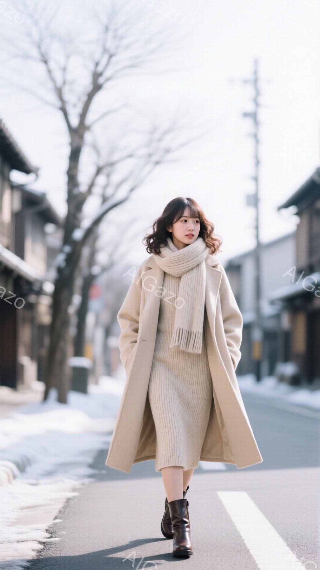 モデルはベージュのニットワンピースとロングコートを着用し、ブーツを履いてアスファルトの道路を歩いています。彼女は少し微笑んでおり、自然なウェーブのかかった髪が肩にかかっています。背景には伝統的な木造建築が並び、地面には雪が積もっており、冬の落ち着いた雰囲気を醸し出しています。