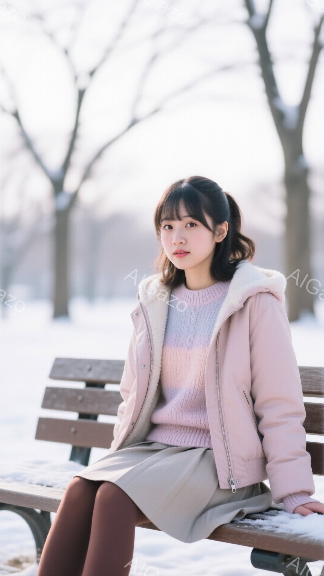 若い女性が雪景色の中のベンチに座っています。ピンク色のニットセーターとクリーム色の膝丈スカート、そして毛皮の襟付きのピンクのジャケットを着ています。彼女は前髪を下ろした髪を少し後ろにまとめており、控えめな笑顔でカメラを見つめています。