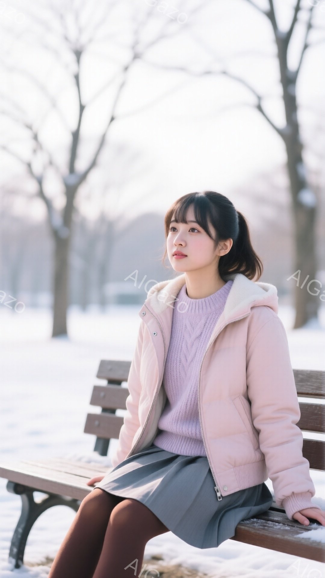画像には、雪景色の中の公園のベンチに座る若い女性が写っています。彼女は、ピンク色のファー付きジャケットと紫色のセーター、グレーのスカートを身に着け、前髪を下ろしたサイドテールで髪をまとめています。彼女は少し憂いを帯びた表情で、遠くを見つめており、冬の静かで穏やかな雰囲気が漂っています。