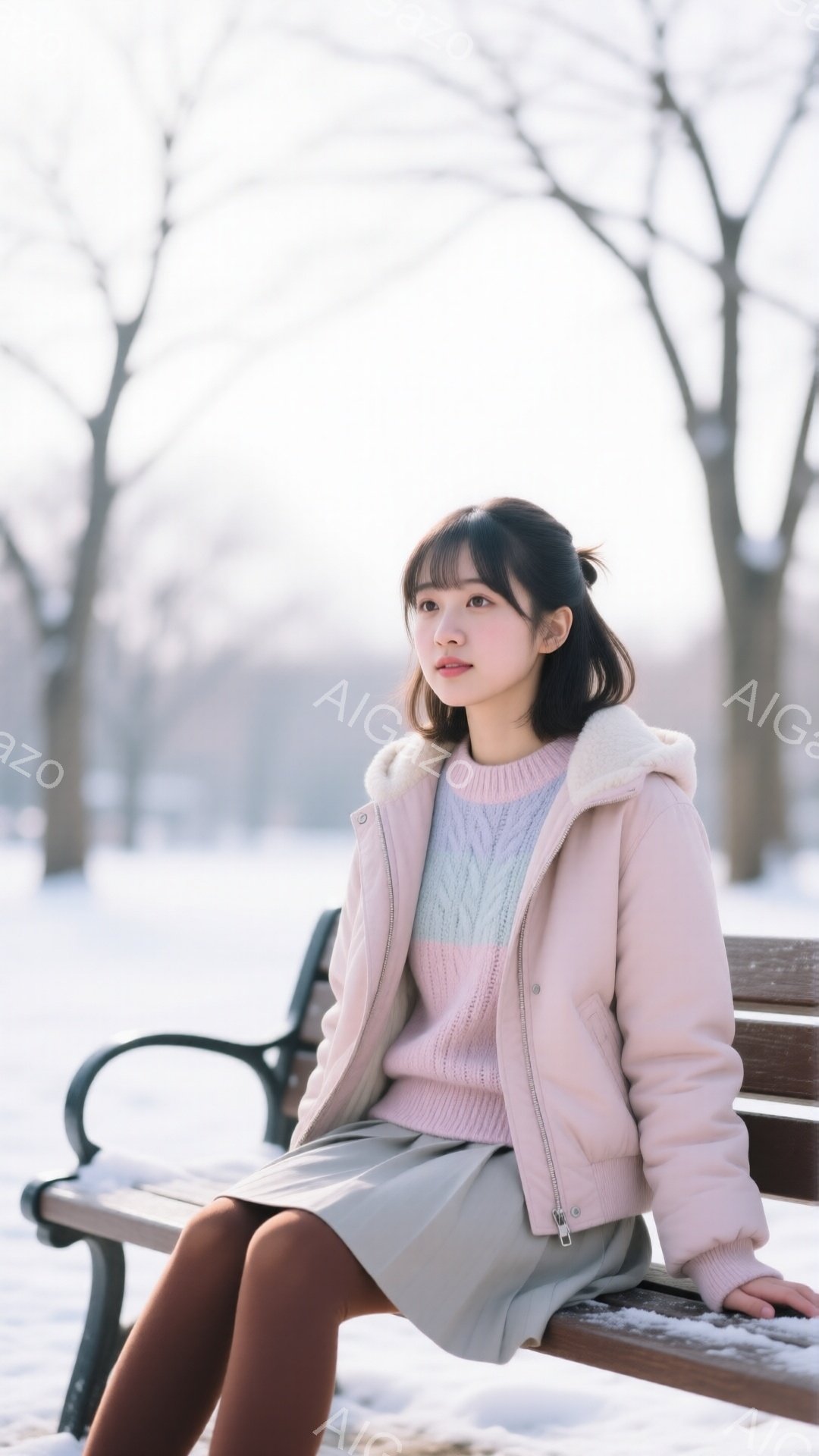 少女は公園のベンチに座っており、ピンク色のジャケットと水色のニット、グレーのスカートを着用しています。彼女は前髪を下ろした黒髪で、少し微笑んでいます。背景は雪景色で、木々が冬の寒さを物語る静かで穏やかな雰囲気です。