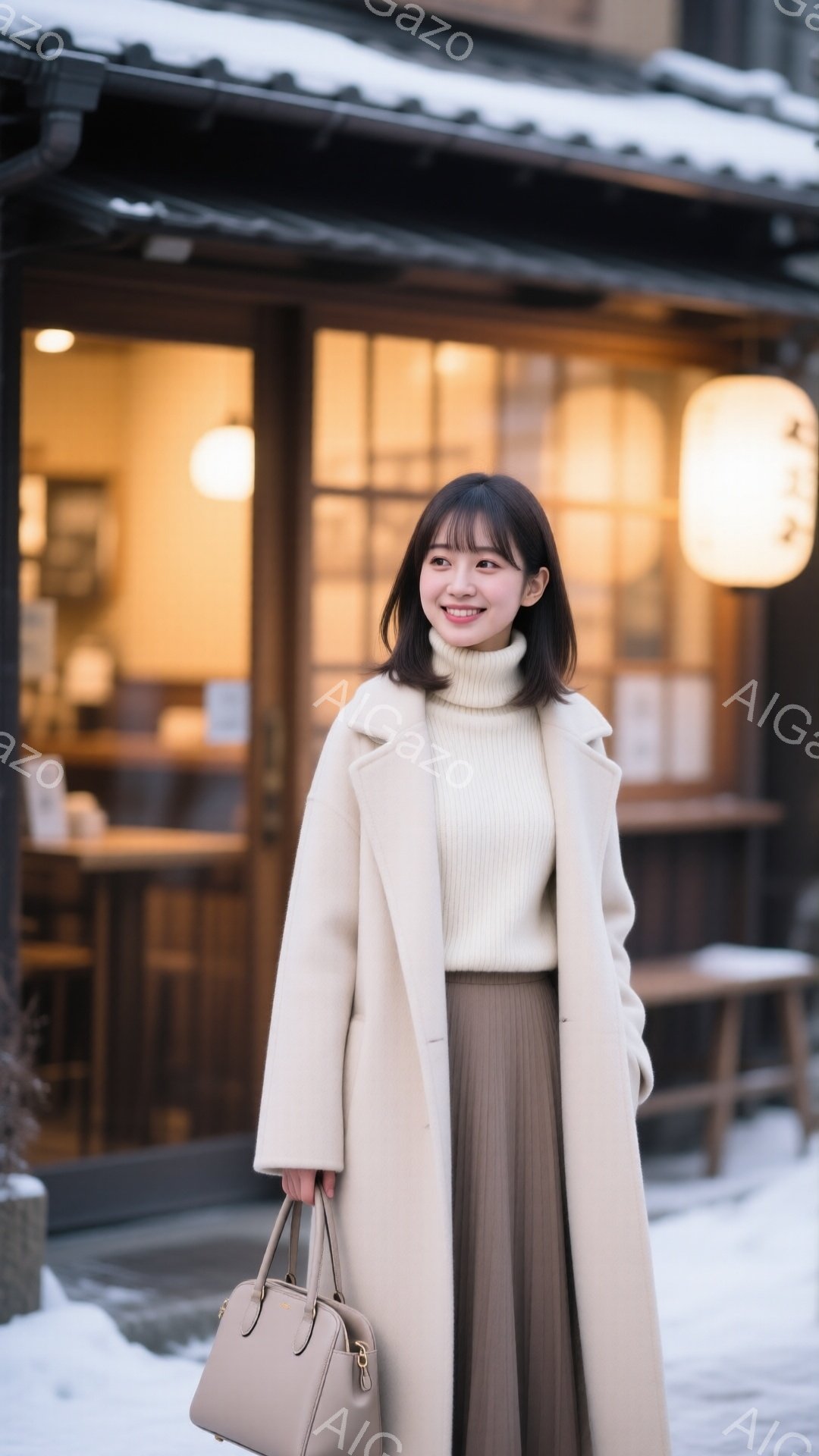 長いベージュのコートを着て、クリーム色のタートルネックセーターと、プリーツのスカートを合わせた女性が写っています。彼女は軽く微笑んでおり、片手にベージュ色のハンドバッグを持っています。背景には雪が積もり、木製のドアと窓のある建物があり、暖かい光が漏れています。