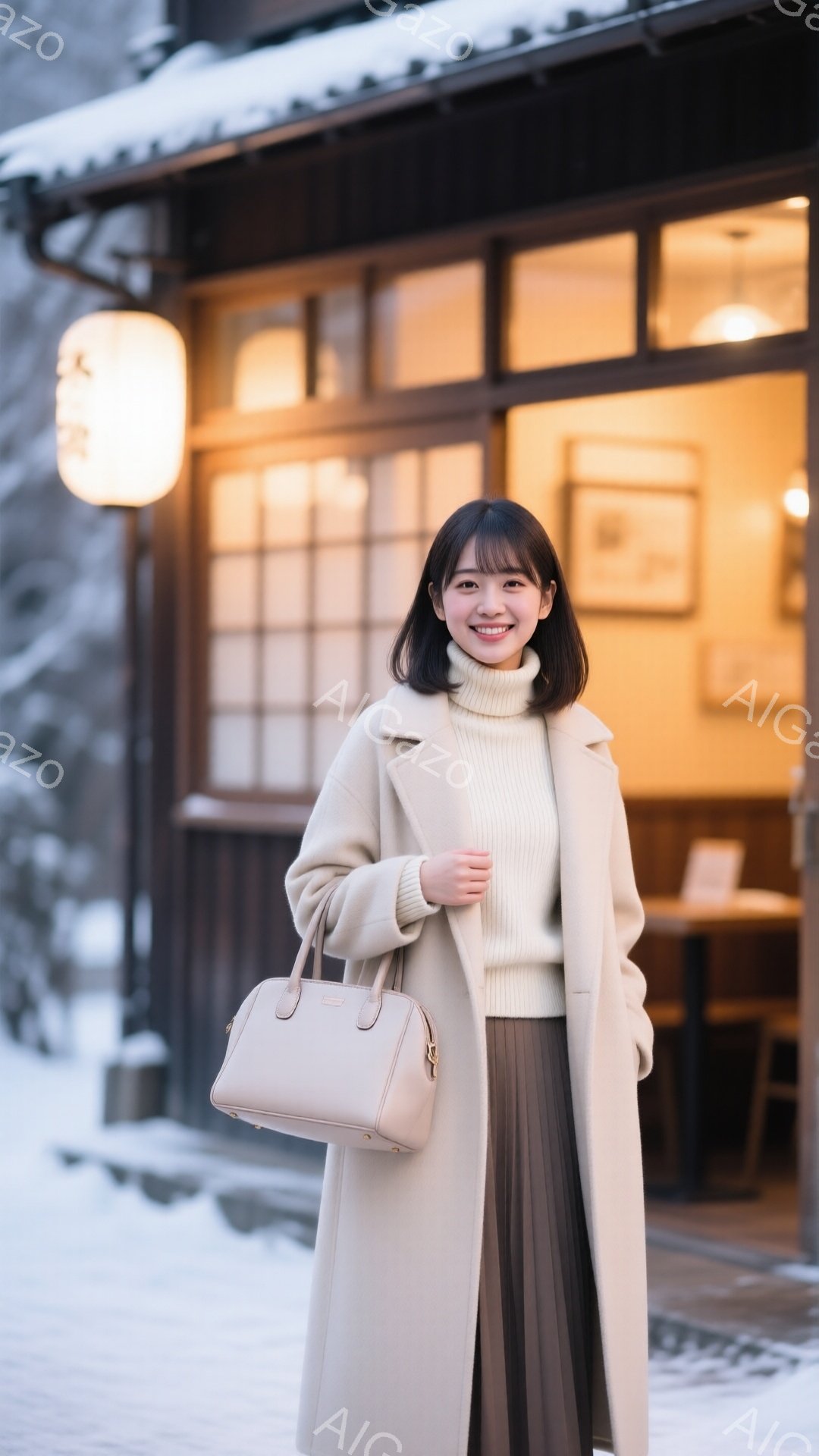 彼女はベージュのロングコートとクリーム色のセーターを着て、プリーツスカートを履いています。明るい笑顔でカメラを見つめ、肩にクリーム色のハンドバッグをかけています。背景には木造の建物があり、雪が降っているようで、全体的に穏やかで温かい雰囲気です。