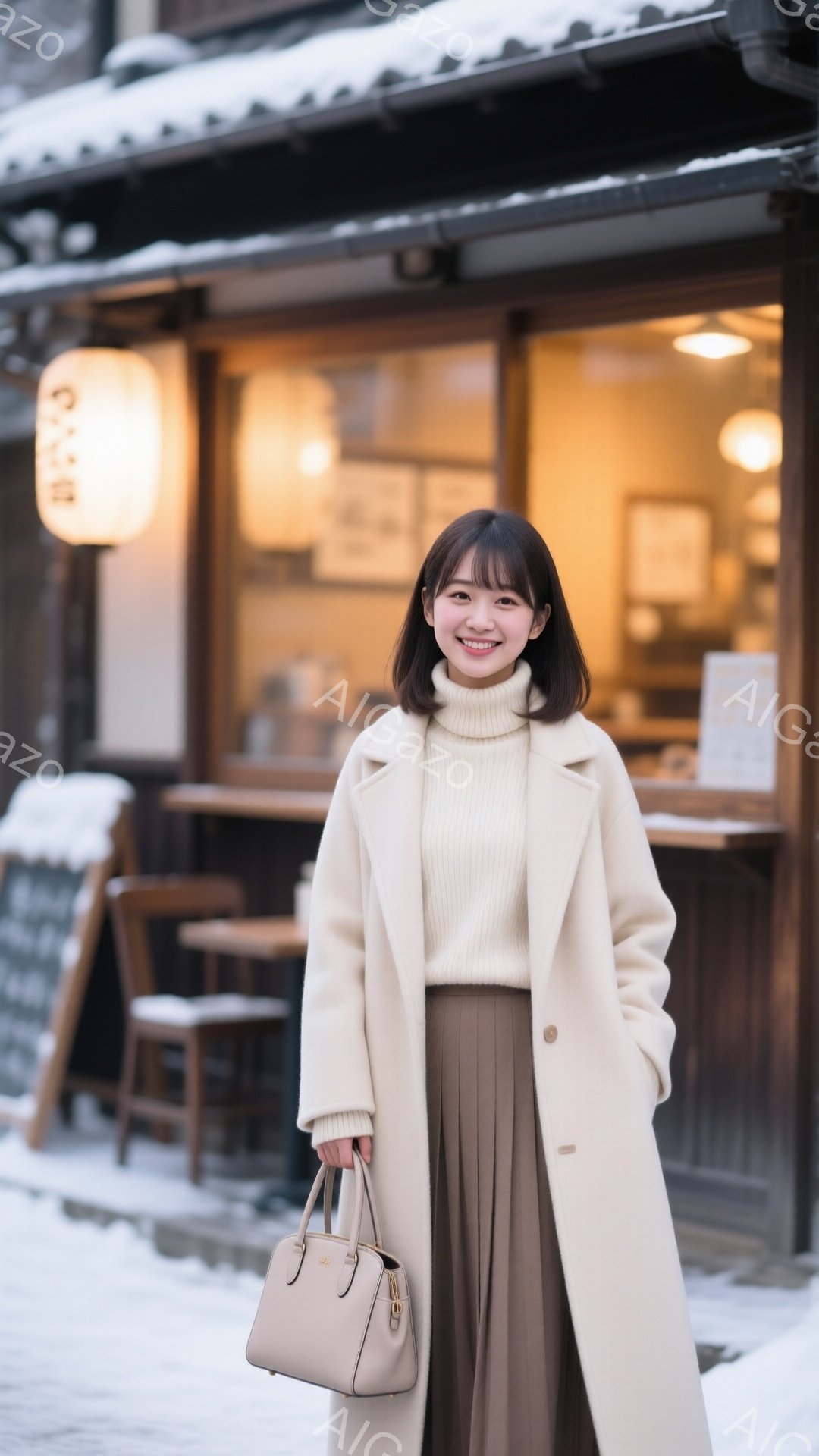 若い女性が、ベージュのコート、クリーム色のニット、そして茶色のプリーツスカートを着て立っています。彼女は微笑んでおり、肩まで届く茶色の髪は少しカールしています。背景には、提灯が飾られた木造の建物があり、雪が降っている様子から冬の雰囲気を感じさせます。