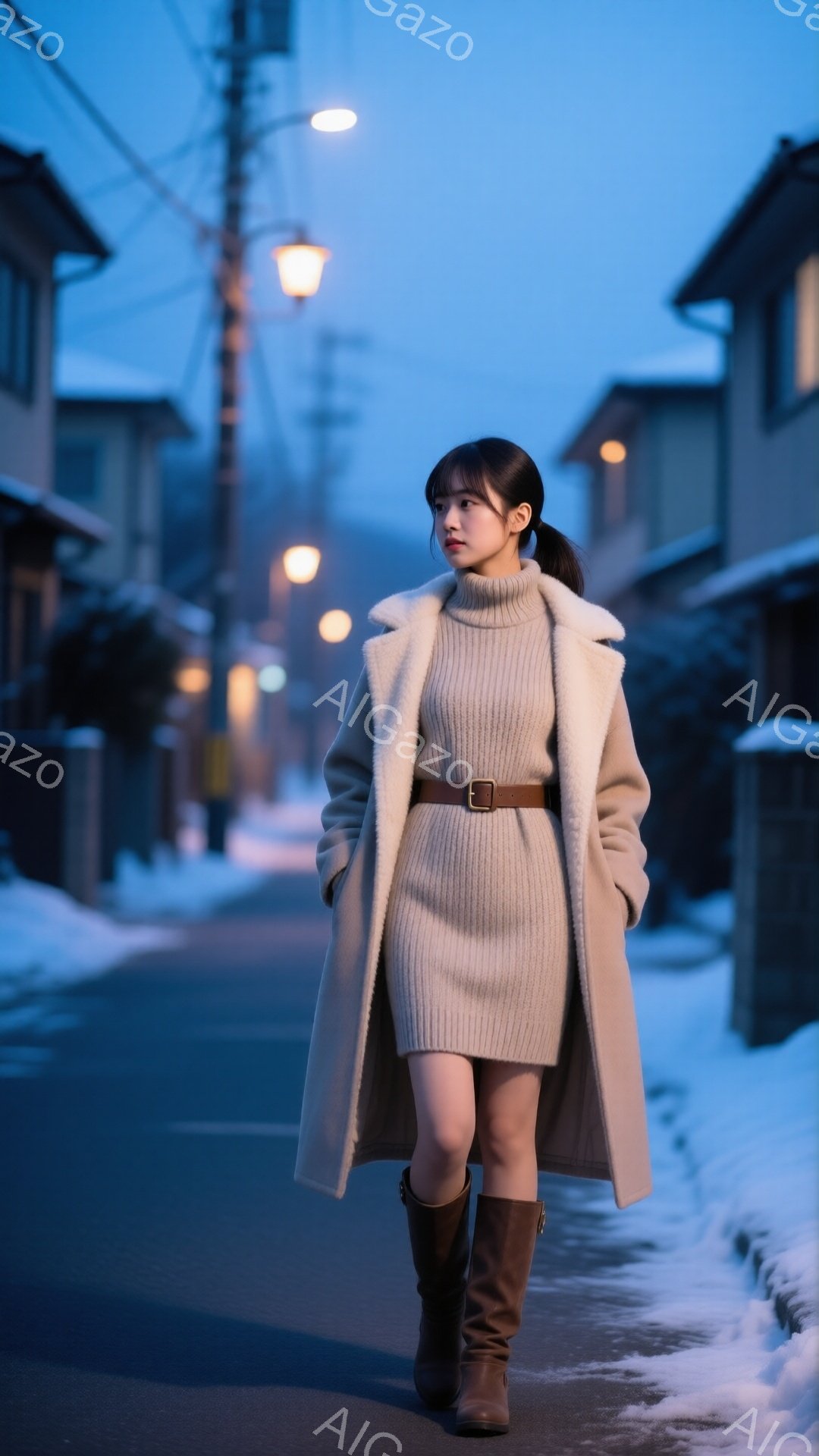 画像には、ベージュのニットワンピースに、アイボリーのオーバーサイズのコートを羽織った女性が写っています。彼女は茶色のブーツを履き、ベルトでウエストマークしており、髪は後ろで一つにまとめています。背景は雪が積もった住宅街の路地で、夕暮れ時の青みがかった空と街灯が、冬の静かで落ち着いた雰囲気を醸し出しています。