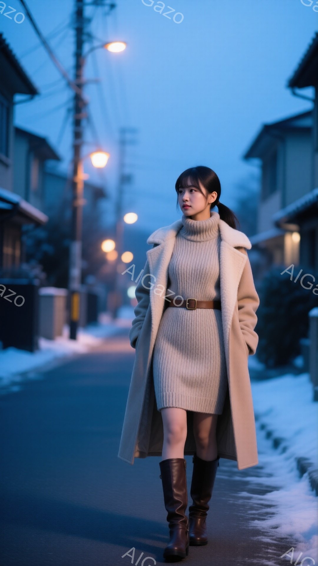 画像には、ベージュのニットワンピースにロングコートを羽織り、茶色のブーツを履いた若い女性が写っている。彼女は髪を後ろでポニーテールにしており、少し憂いを帯びた表情で、夜の住宅街を歩いている。背景は雪が積もった静かな通りで、遠くには家々や街灯が見え、全体的に落ち着いた冬の雰囲気を醸し出している。