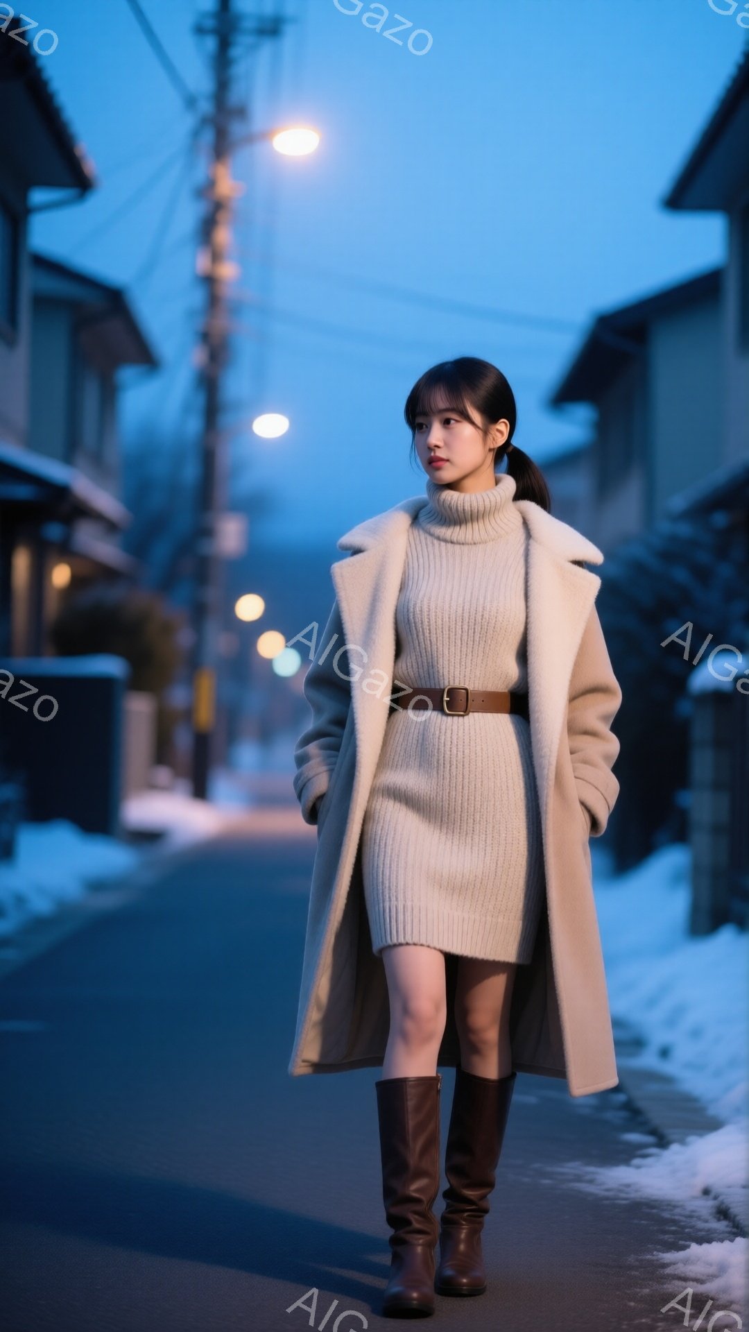 クリーム色の膝丈ニットワンピースに、キャメルのロングコートを羽織った女性が写っている。茶色のロングブーツとベルトを合わせ、髪は後ろで一つに結んでいる。背景は住宅街の道で、雪が積もり、青い空の下、街灯が照らしている、冬の静かな夜の雰囲気が漂う。