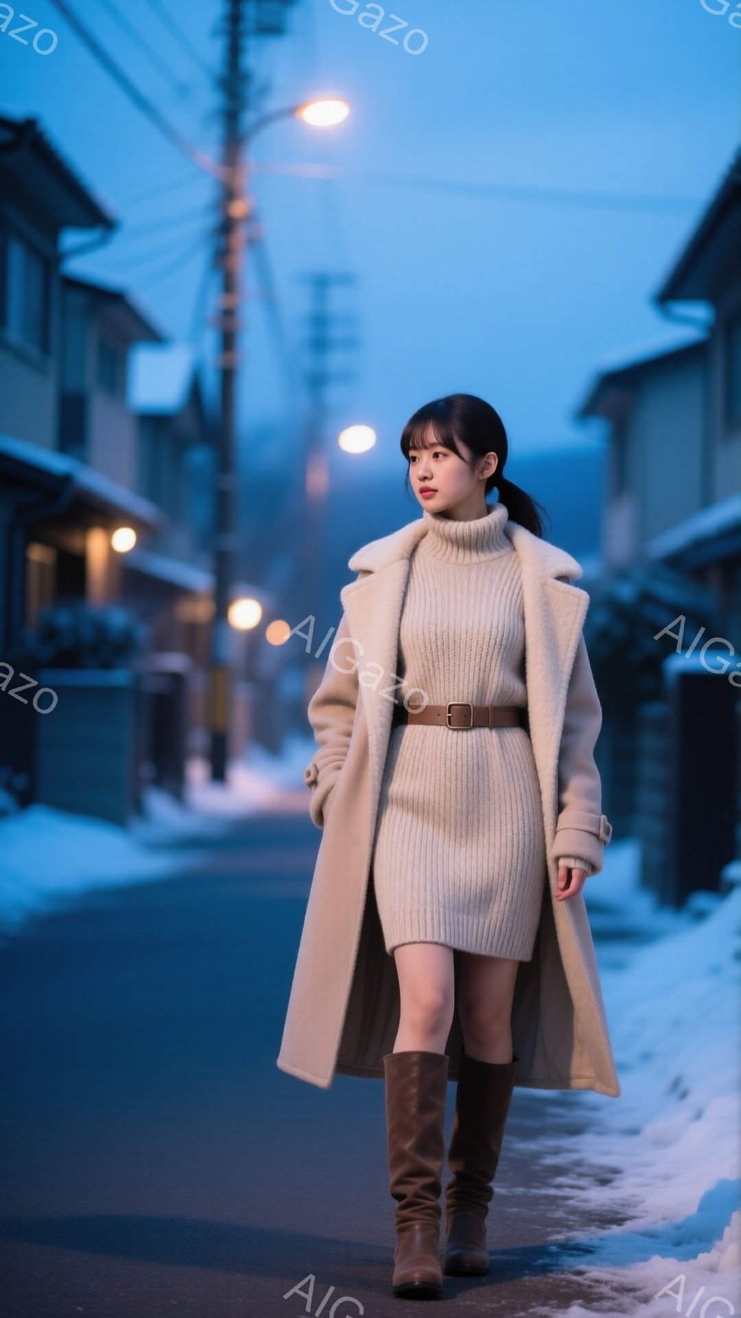 画像には、ベージュのニットワンピースにロングコートを羽織り、ブラウンのブーツを履いた女性が写っています。彼女は髪をポニーテールにし、少し微笑んでおり、雪が積もった通りを歩いています。背景には、薄暗い街並みと街灯が見え、全体的に静かで冬らしい雰囲気が漂っています。
