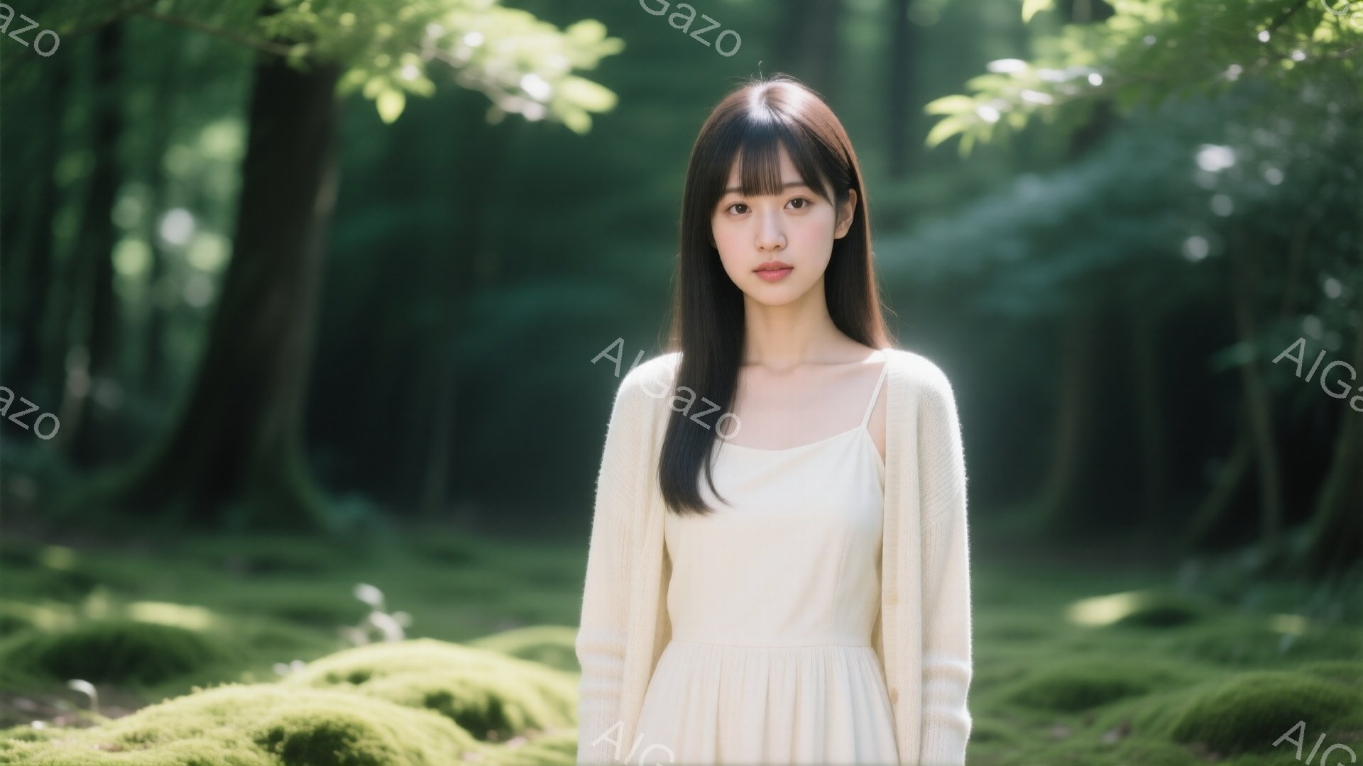 長い黒髪に前髪を少し残した女性が、クリーム色のゆったりとしたワンピースを着ています。彼女は穏やかな表情で、まっすぐカメラを見つめています。背景は緑豊かな森で、地面は苔に覆われ、柔らかい光が差し込んでいて、穏やかで自然な雰囲気を醸し出しています。