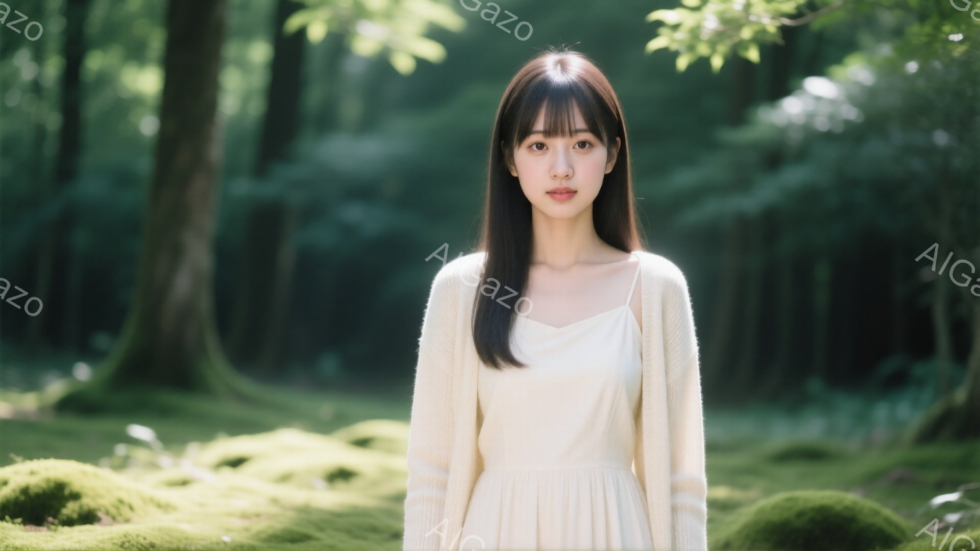 長い黒髪をセンターパートにした若い女性が、クリーム色の長袖ワンピースを着て立っている。彼女は穏やかな表情で、わずかに微笑んでいるように見える。背景は緑豊かな森で、木々の間から差し込む光が、苔むした地面を照らし出し、幻想的な雰囲気を醸し出している。