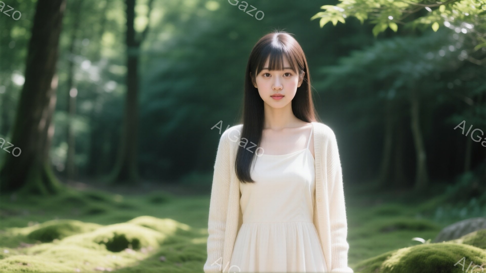 長い黒髪に前髪を少し短く切った女性が、クリーム色のカーディガンとワンピース姿で立っている。彼女は穏やかな表情で、わずかに微笑んでいるように見える。背景には緑豊かな森林が広がり、地面は苔で覆われており、柔らかい光が差し込んで静かで穏やかな雰囲気を醸し出している。