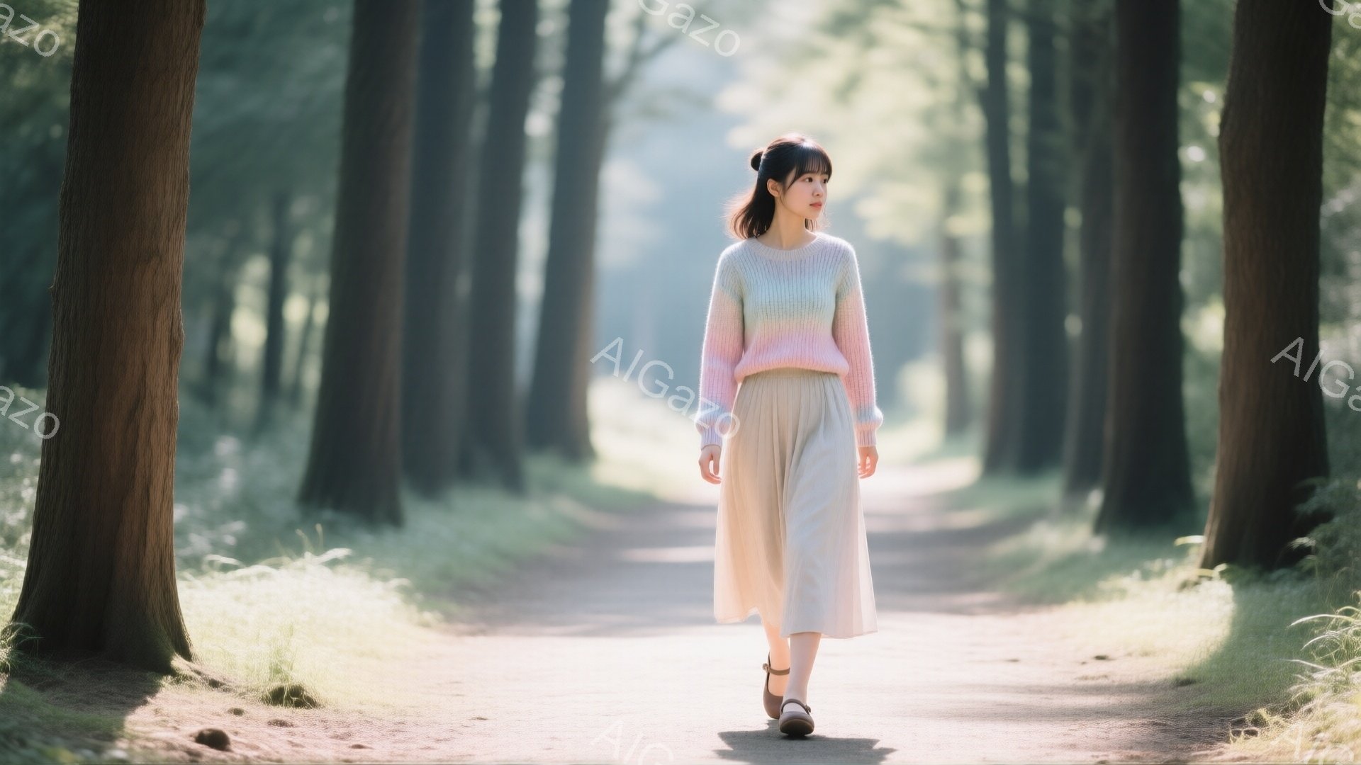 長い髪をハーフアップにした若い女性が、木々の並木道の中を歩いている。淡いピンクと紫のグラデーションセーターに、ベージュのロングスカートを合わせ、足元は黒のストラップサンダルを履いている。木漏れ日が差し込む並木道は明るく、穏やかな雰囲気を醸し出している。